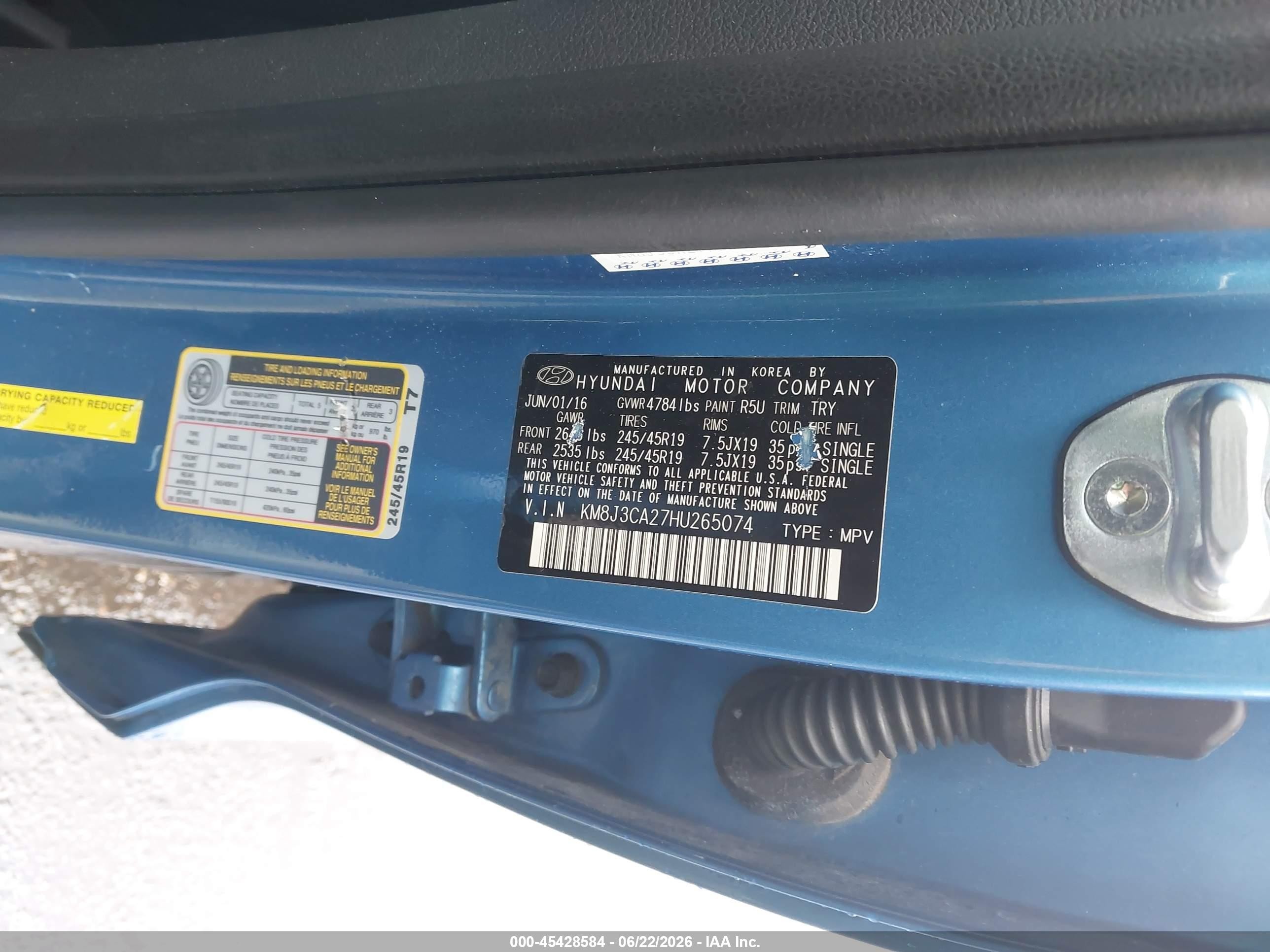 2017 Hyundai Tucson Sport Blue vin: KM8J3CA27HU265074