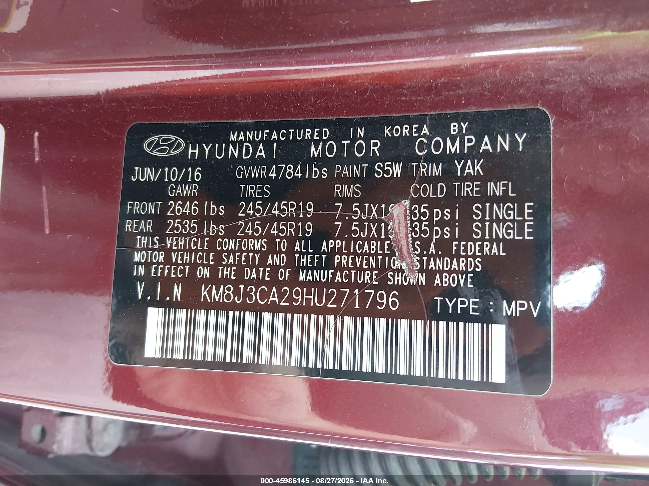 2017 Hyundai Tucson Sport Red vin: KM8J3CA29HU271796
