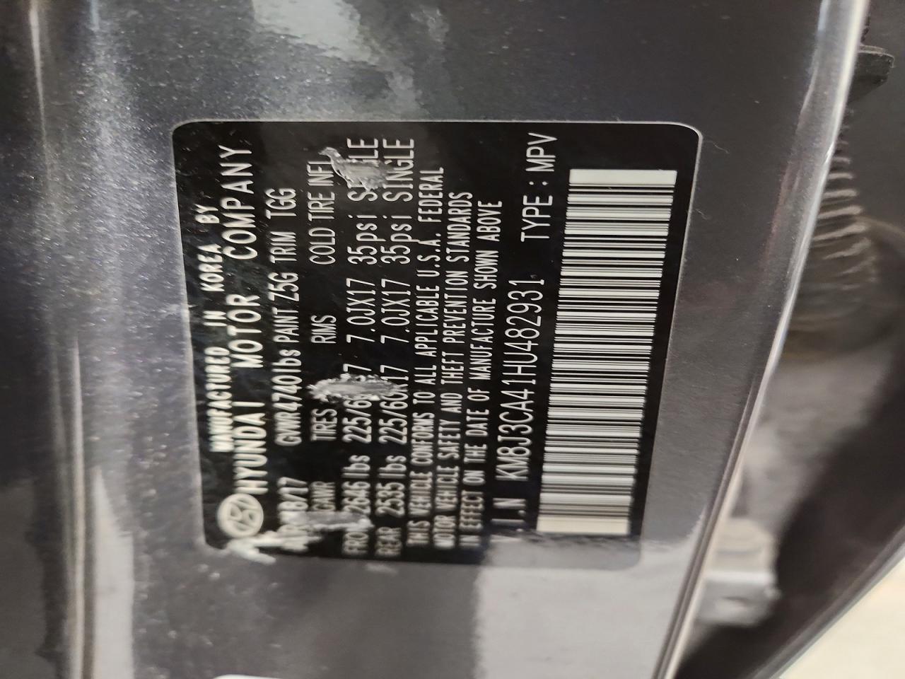 2017 Hyundai Tucson Se Угольный vin: KM8J3CA41HU482931