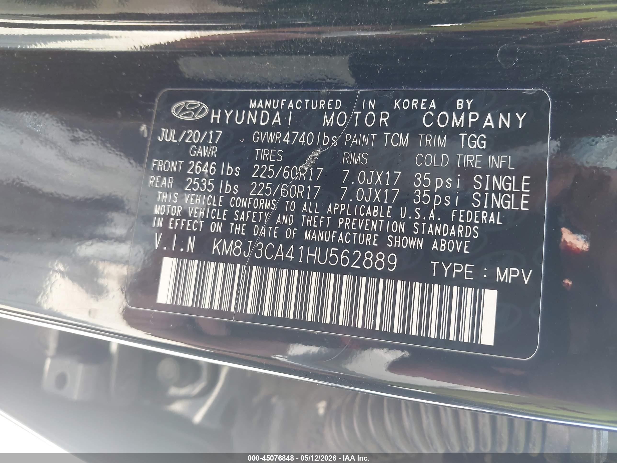 2017 Hyundai Tucson Se Black vin: KM8J3CA41HU562889