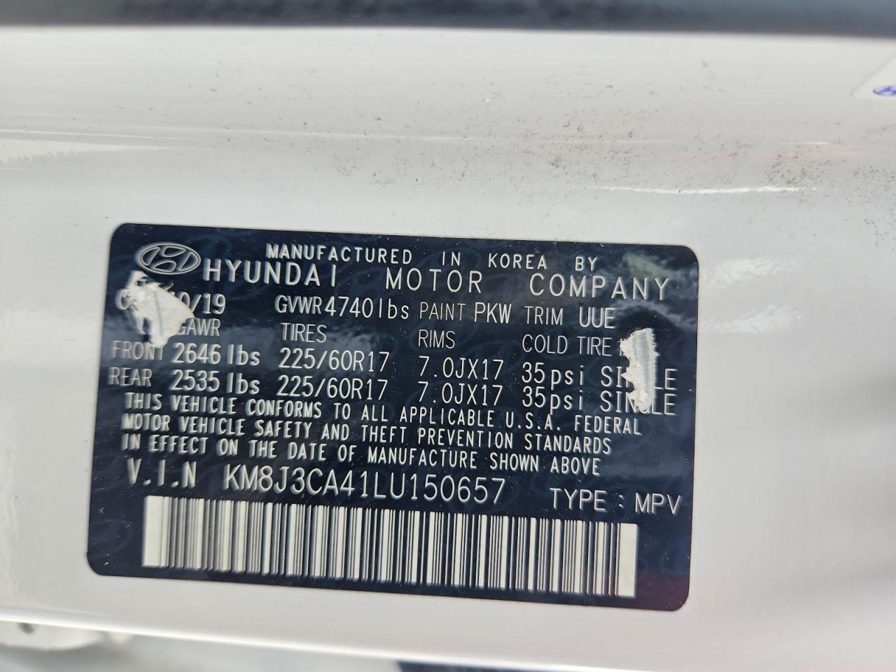 2020 Hyundai Tucson Value White vin: KM8J3CA41LU150657