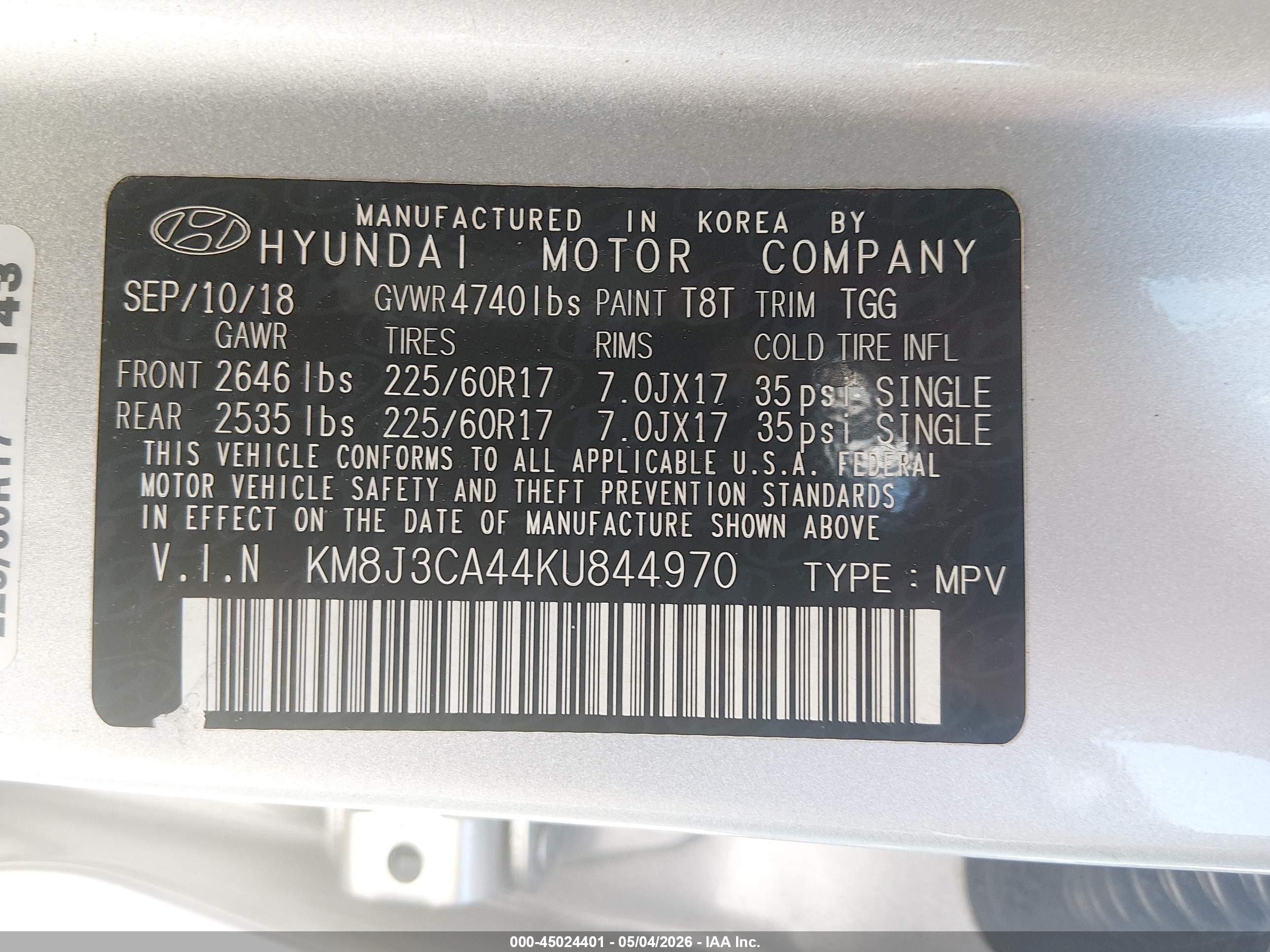 2019 Hyundai Tucson Value Серебряный vin: KM8J3CA44KU844970