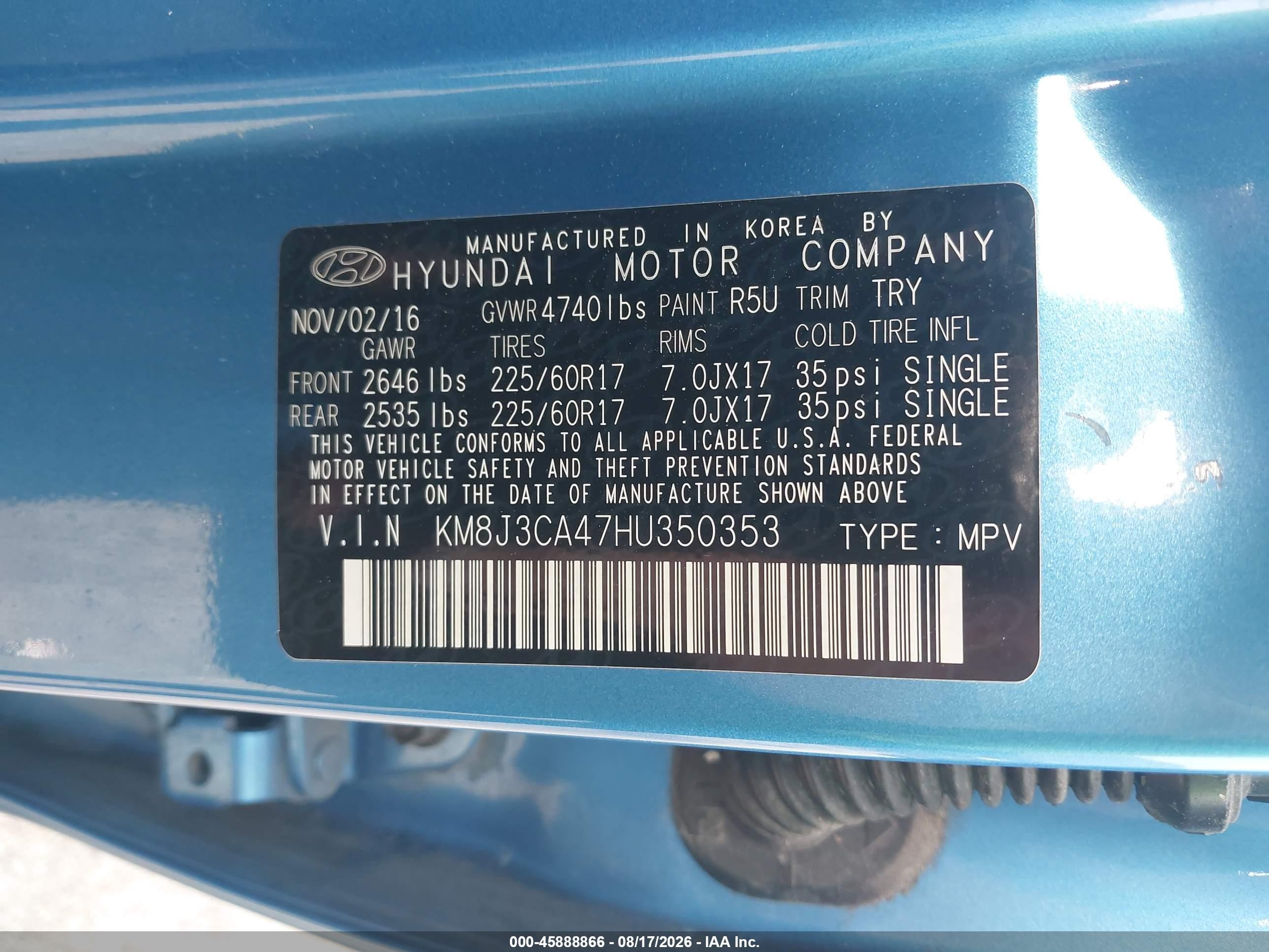 2017 Hyundai Tucson Se Blue vin: KM8J3CA47HU350353