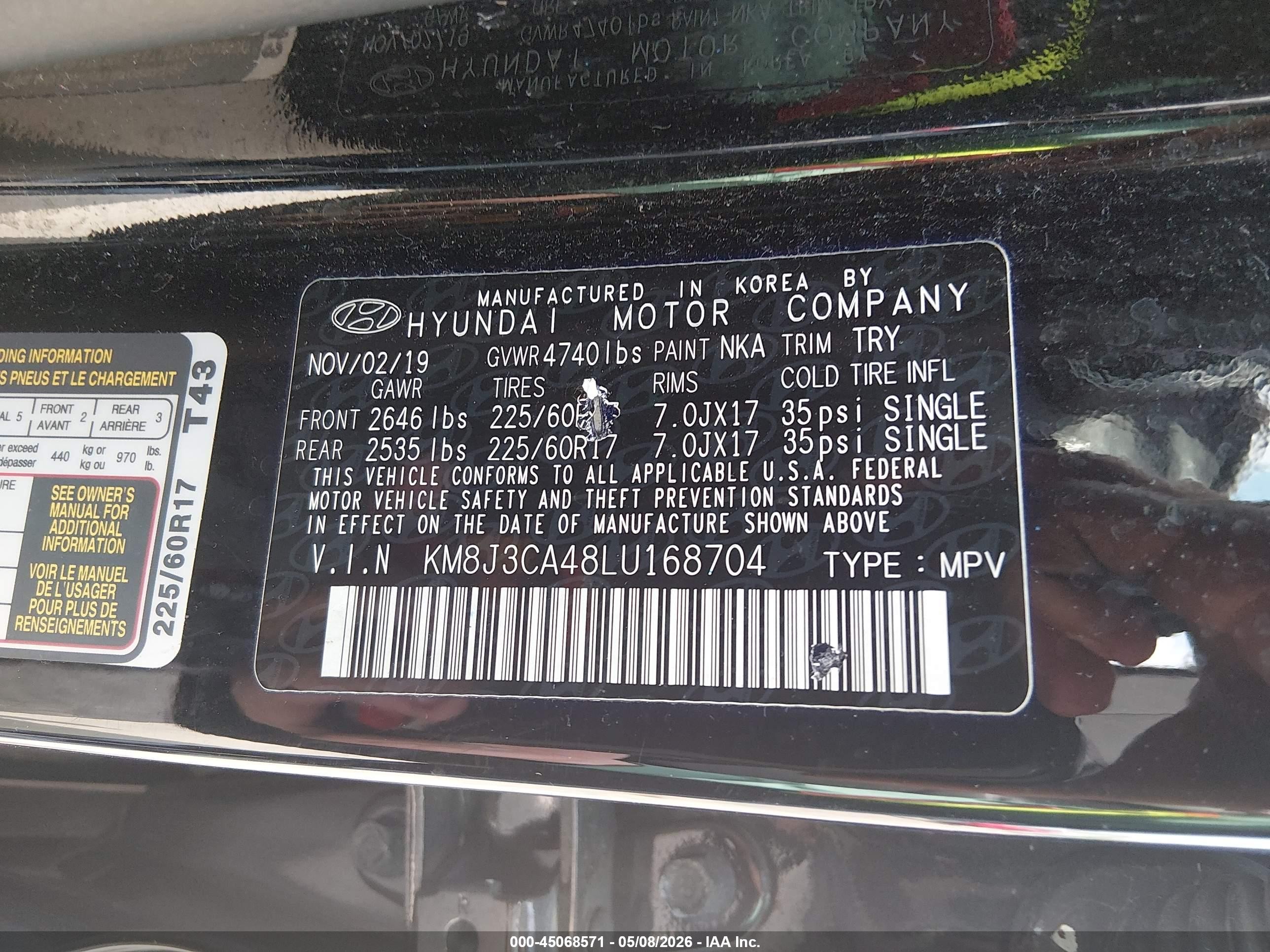 2020 Hyundai Tucson Value Black vin: KM8J3CA48LU168704