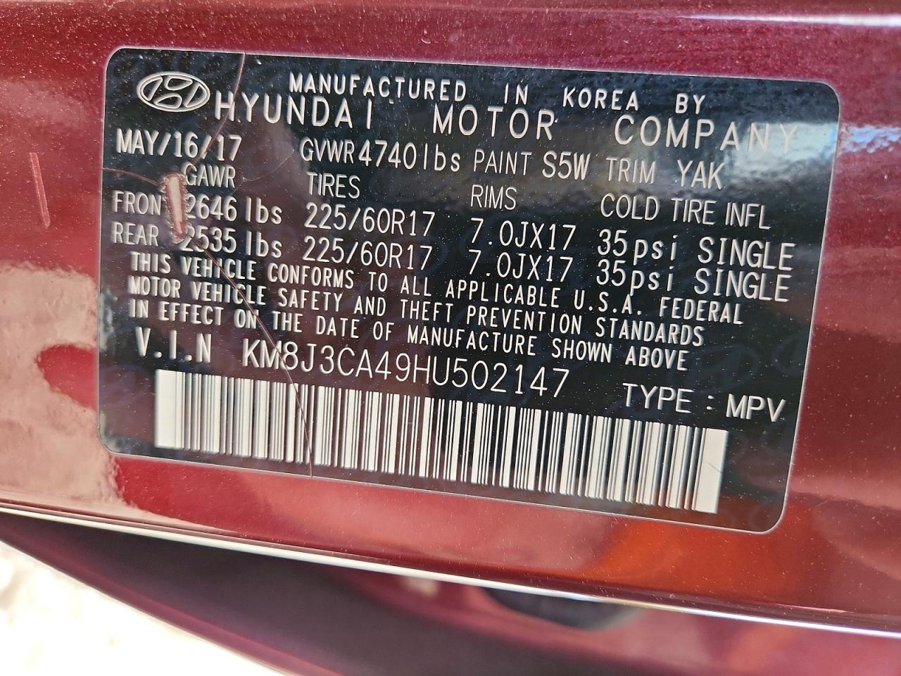 2017 Hyundai Tucson Se Burgundy vin: KM8J3CA49HU502147