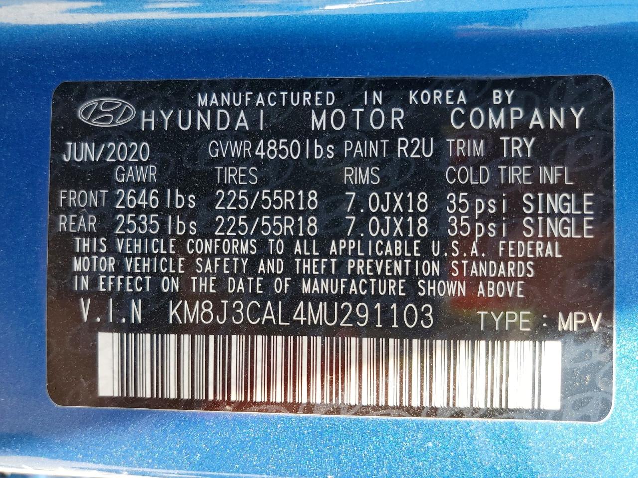 2021 Hyundai Tucson Sel Blue vin: KM8J3CAL4MU291103