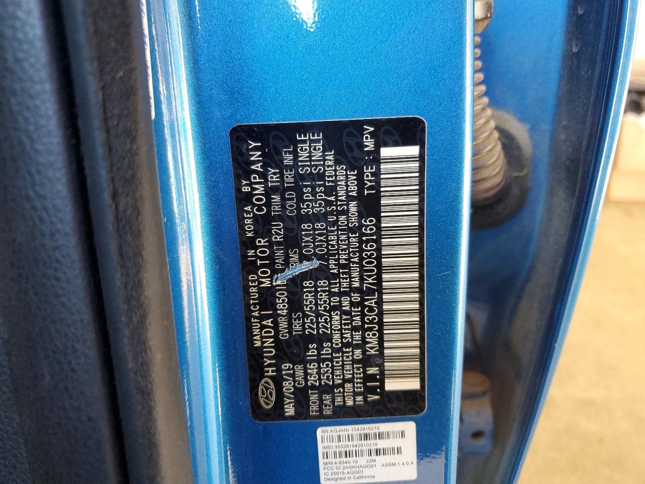 2019 Hyundai Tucson Sel Blue vin: KM8J3CAL7KU036166