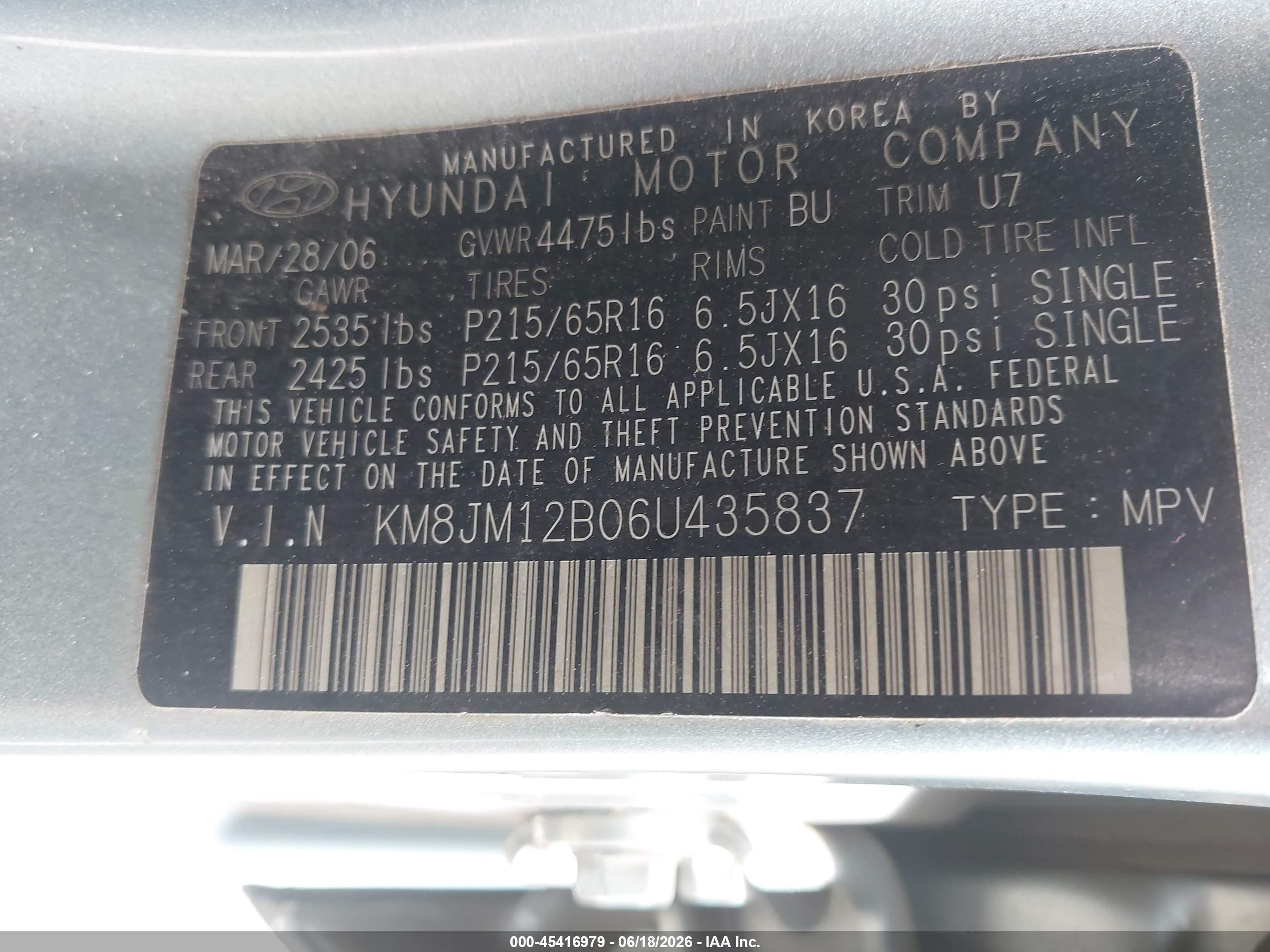 2006 Hyundai Tucson Gl Light Blue vin: KM8JM12B06U435837
