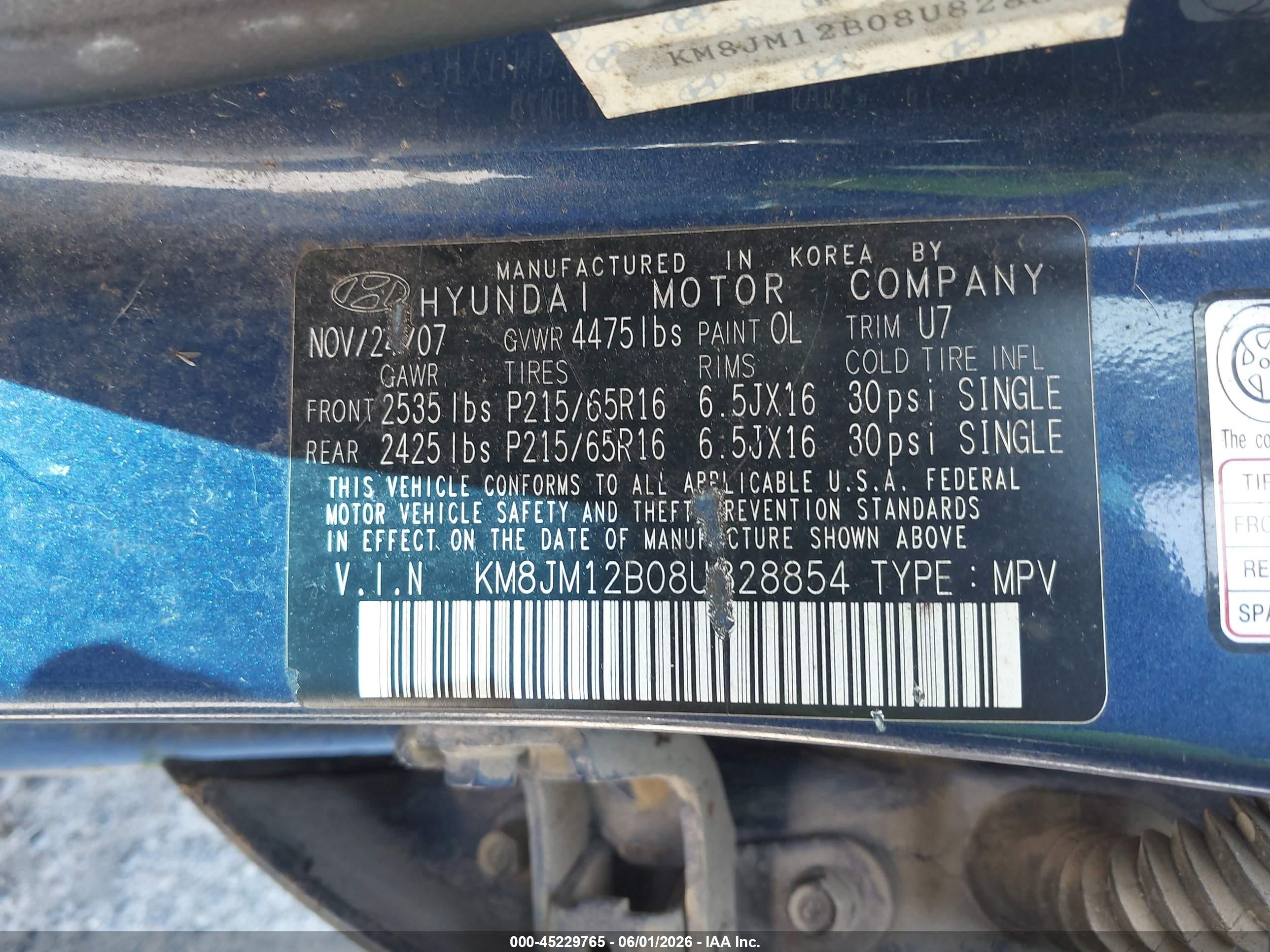 2008 Hyundai Tucson Gls Blue vin: KM8JM12B08U828854