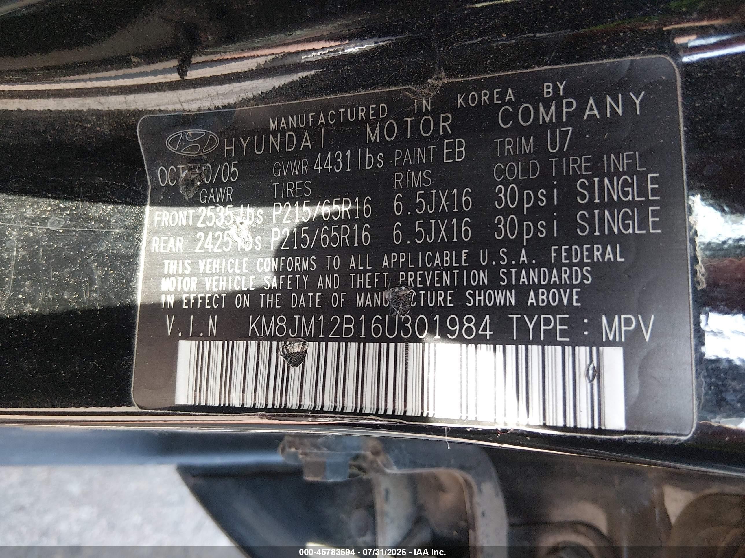 2006 Hyundai Tucson Gl Black vin: KM8JM12B16U301984