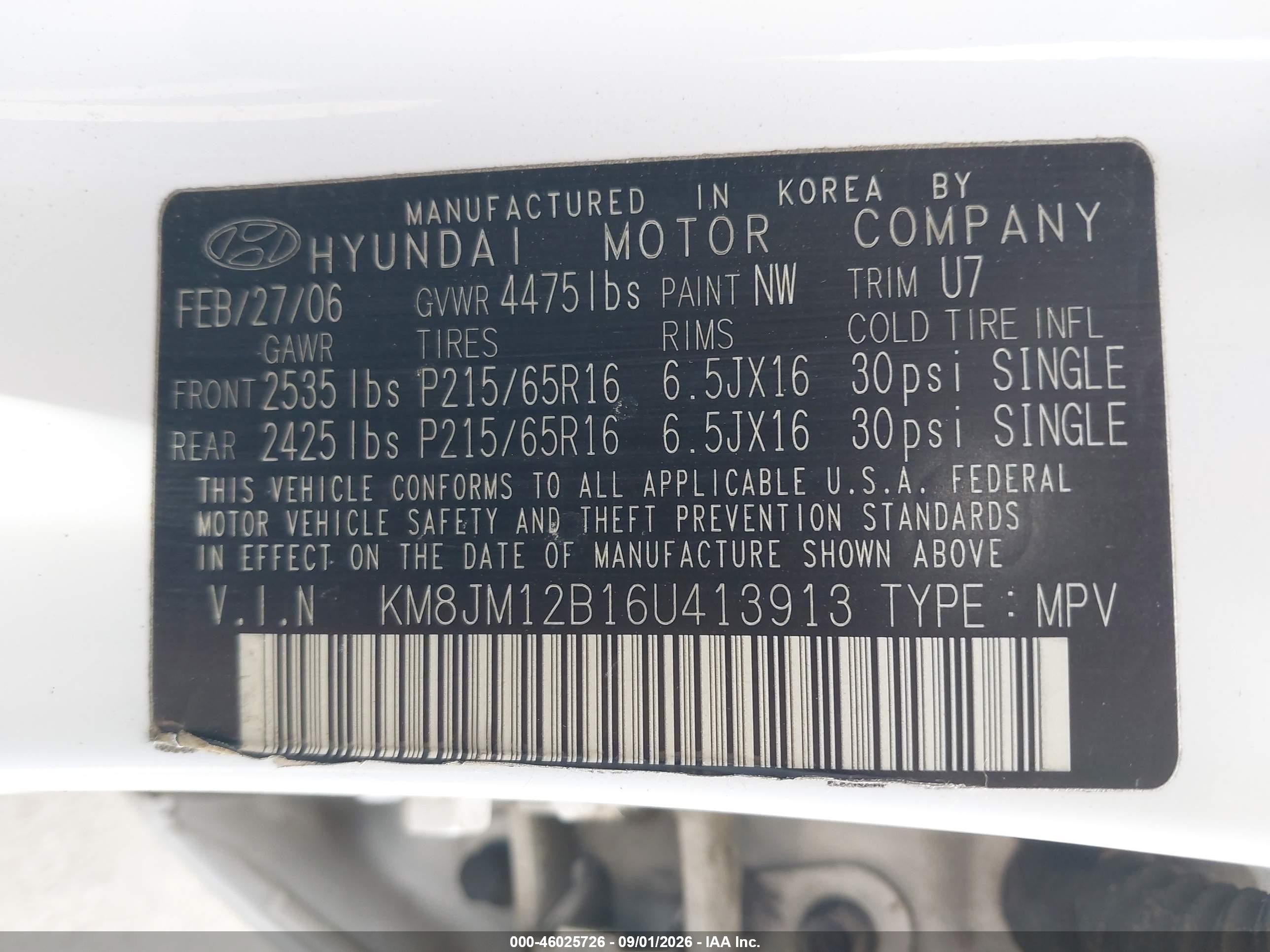 2006 Hyundai Tucson Gl White vin: KM8JM12B16U413913