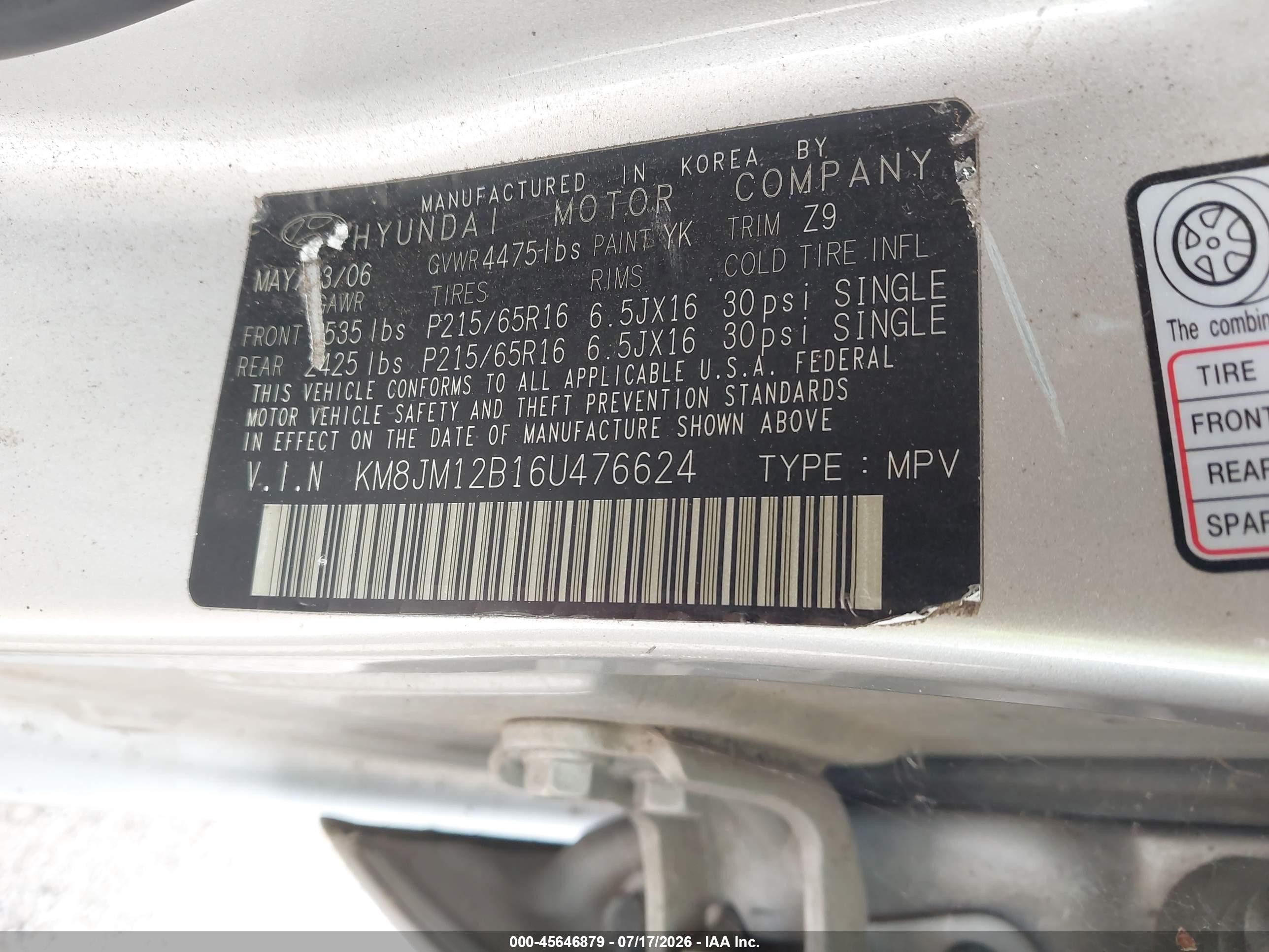 2006 Hyundai Tucson Gl Silver vin: KM8JM12B16U476624