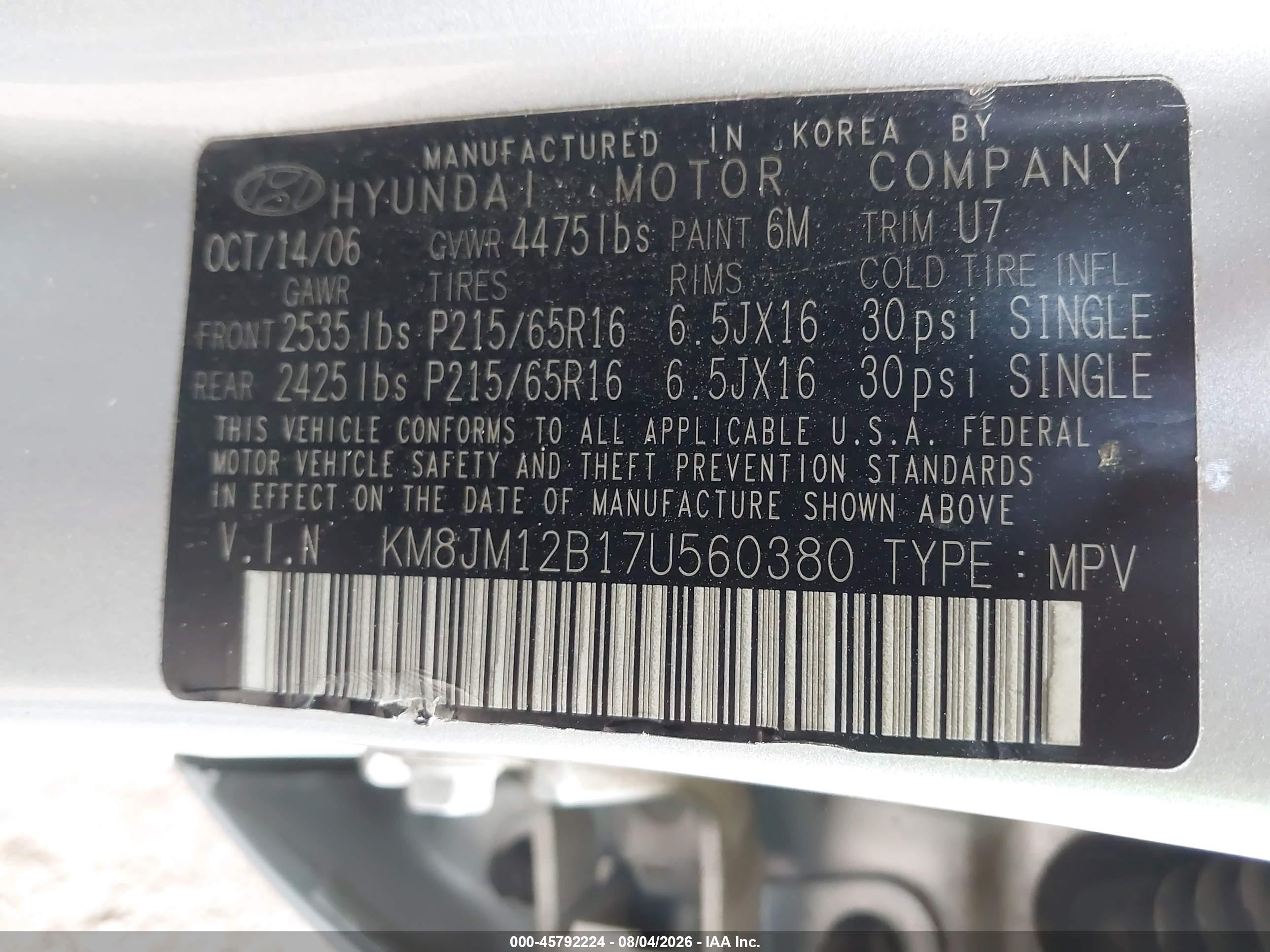 2007 Hyundai Tucson Gls Gray vin: KM8JM12B17U560380