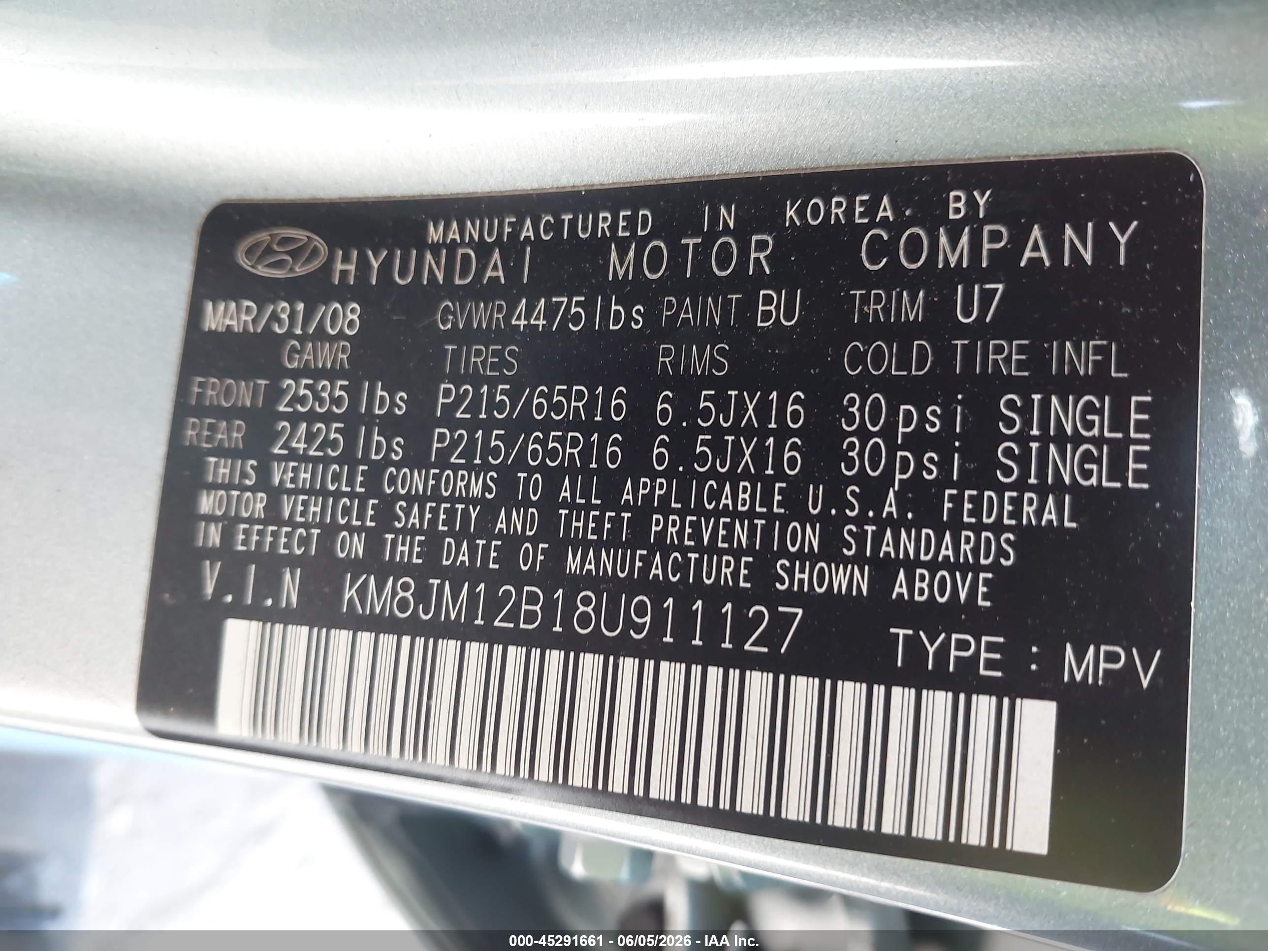 2008 Hyundai Tucson Gls Blue vin: KM8JM12B18U911127