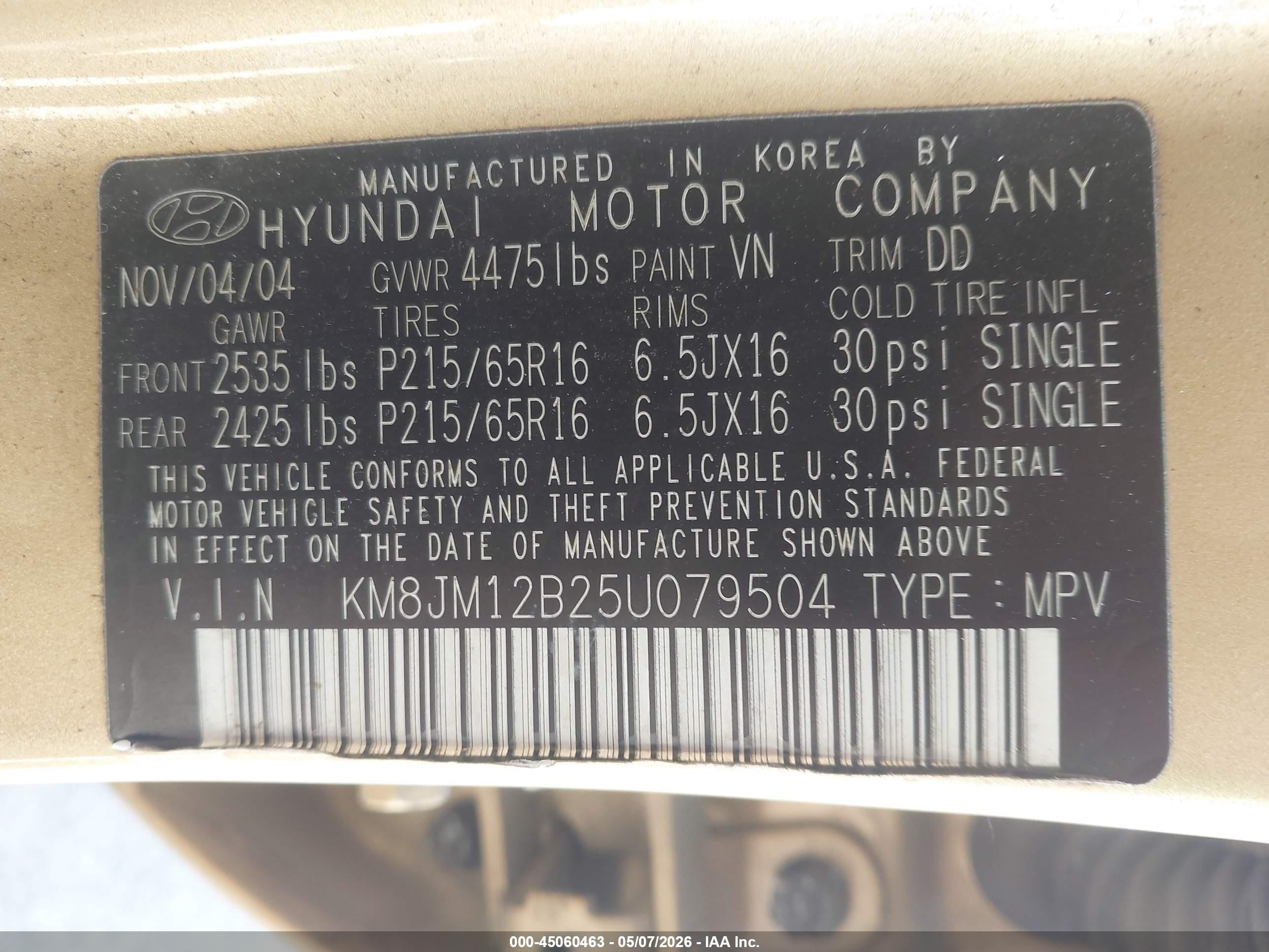 2005 Hyundai Tucson Gl Green vin: KM8JM12B25U079504