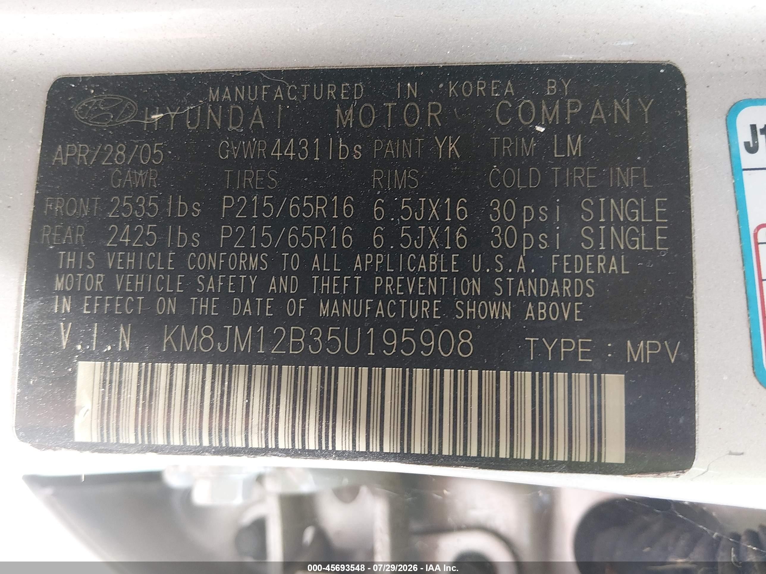 2005 Hyundai Tucson Gl Silver vin: KM8JM12B35U195908