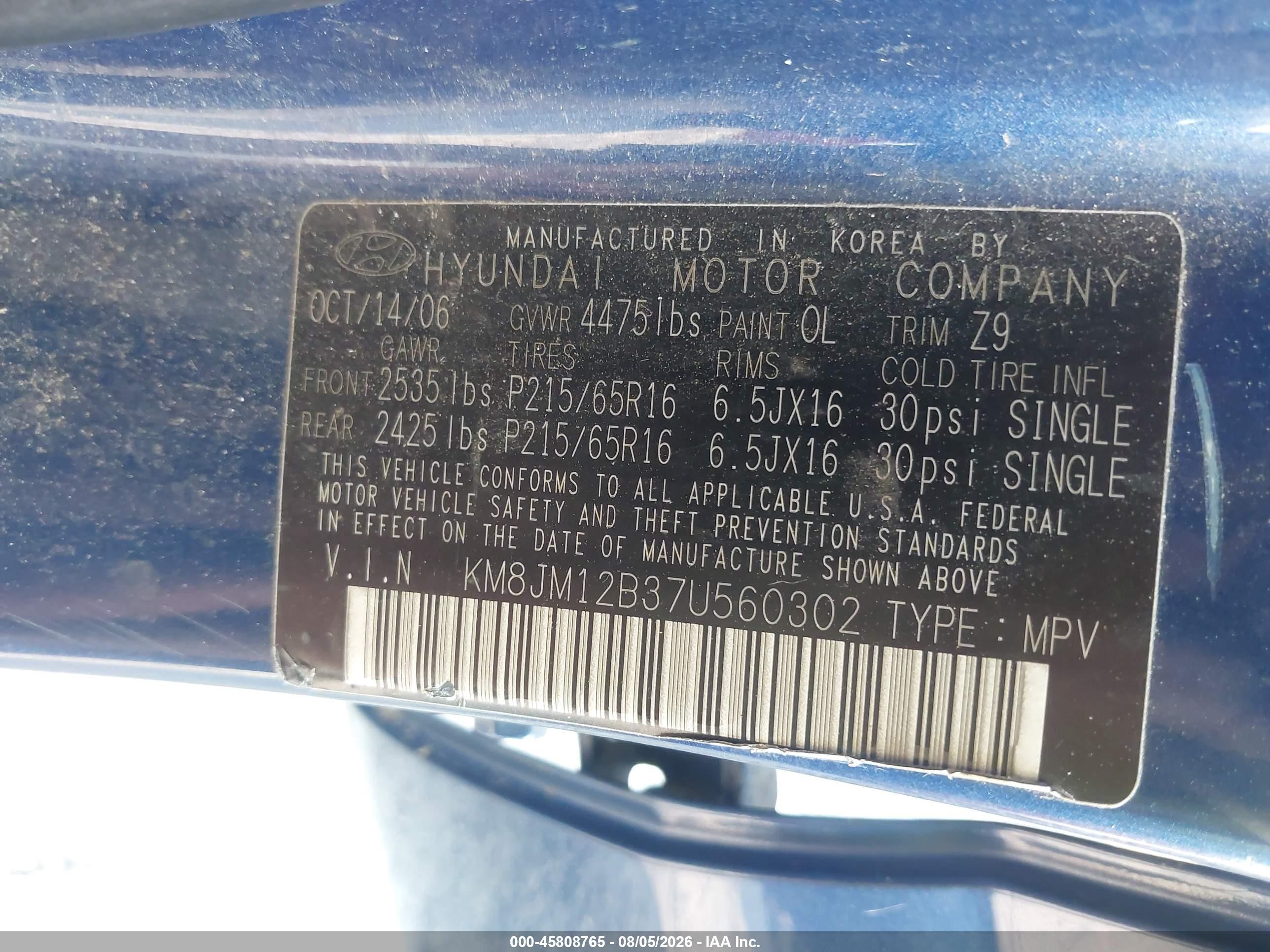 2007 Hyundai Tucson Gls Blue vin: KM8JM12B37U560302