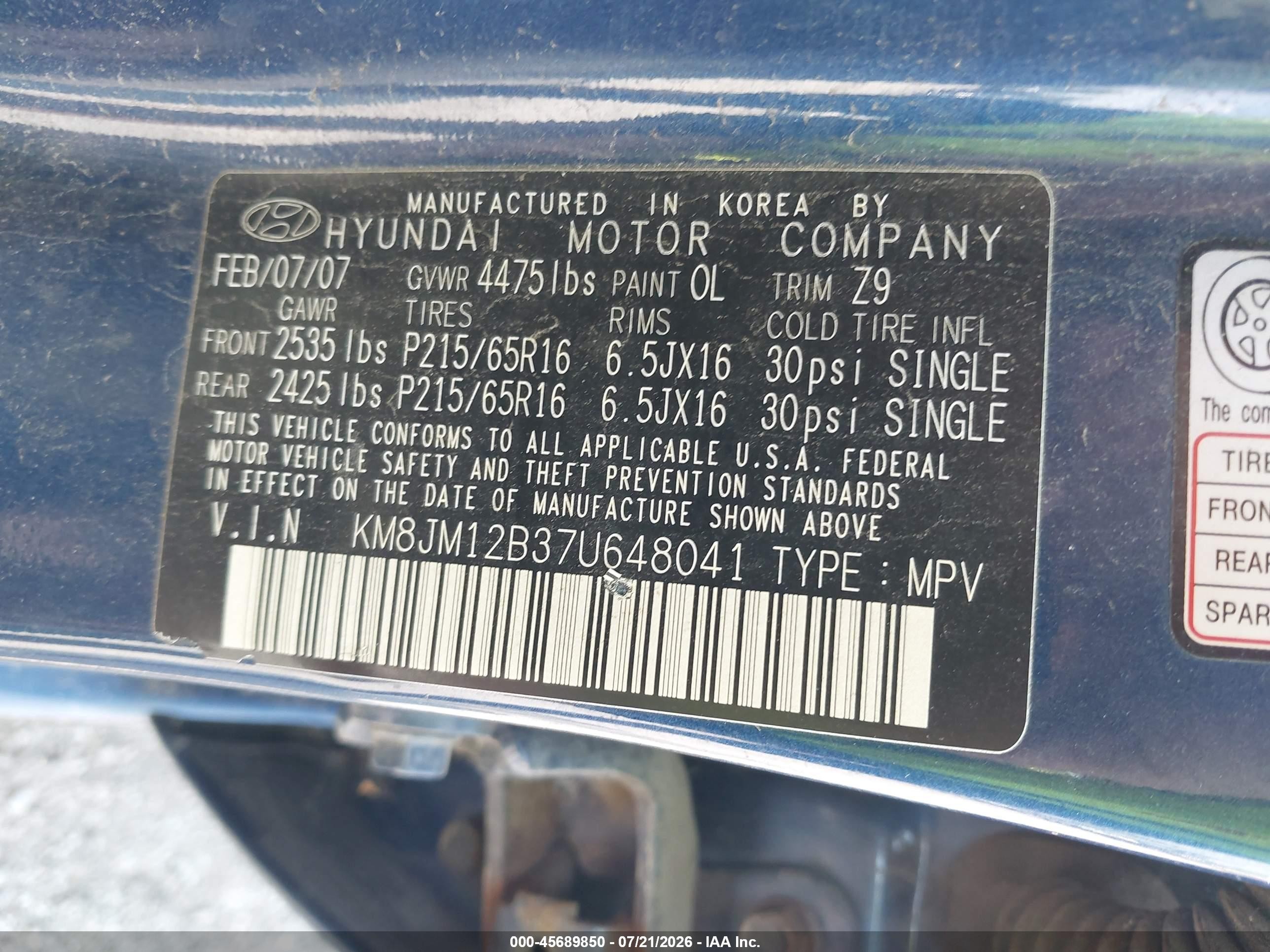 2007 Hyundai Tucson Gls Blue vin: KM8JM12B37U648041