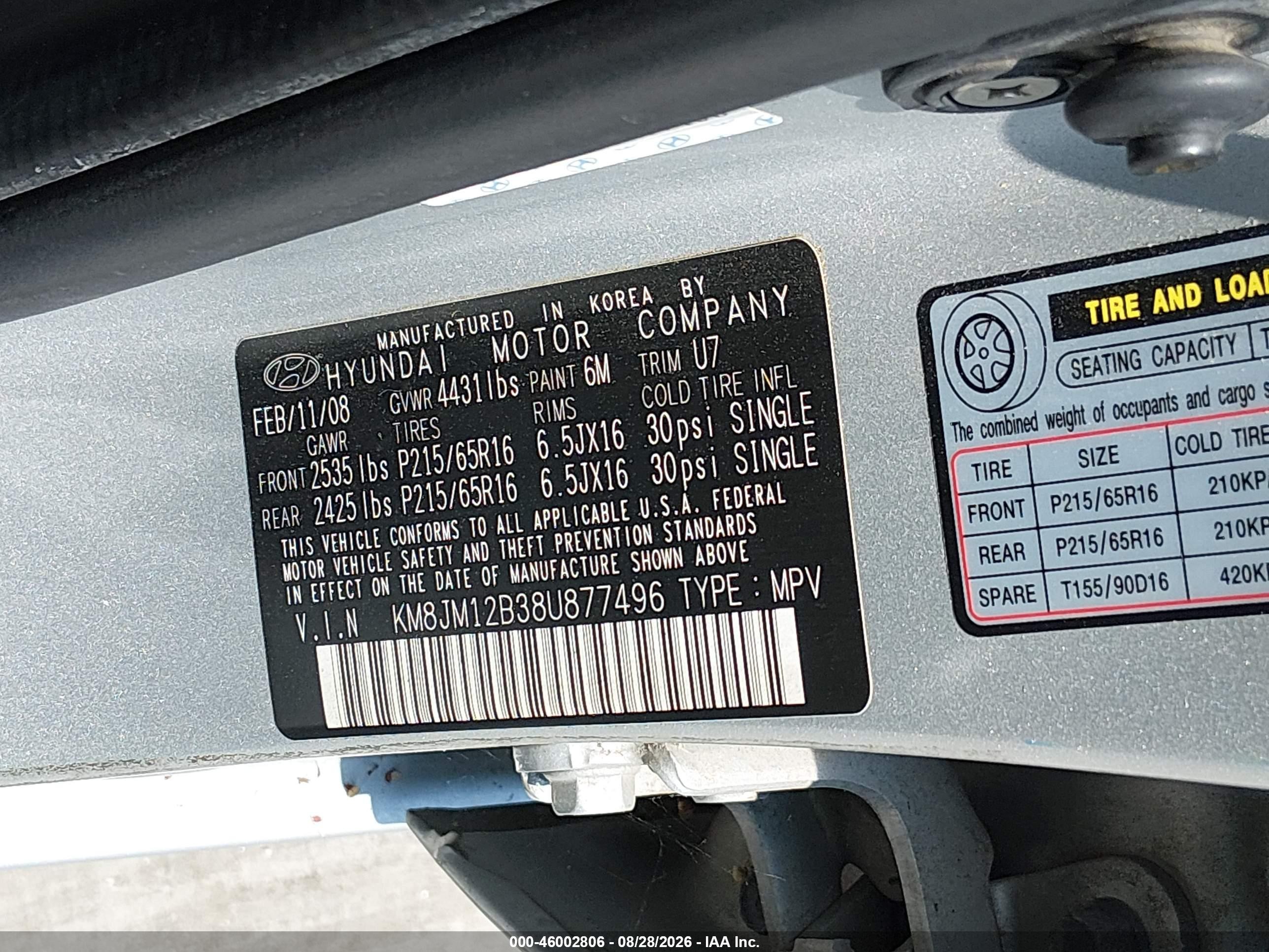 2008 Hyundai Tucson Gls Silver vin: KM8JM12B38U877496
