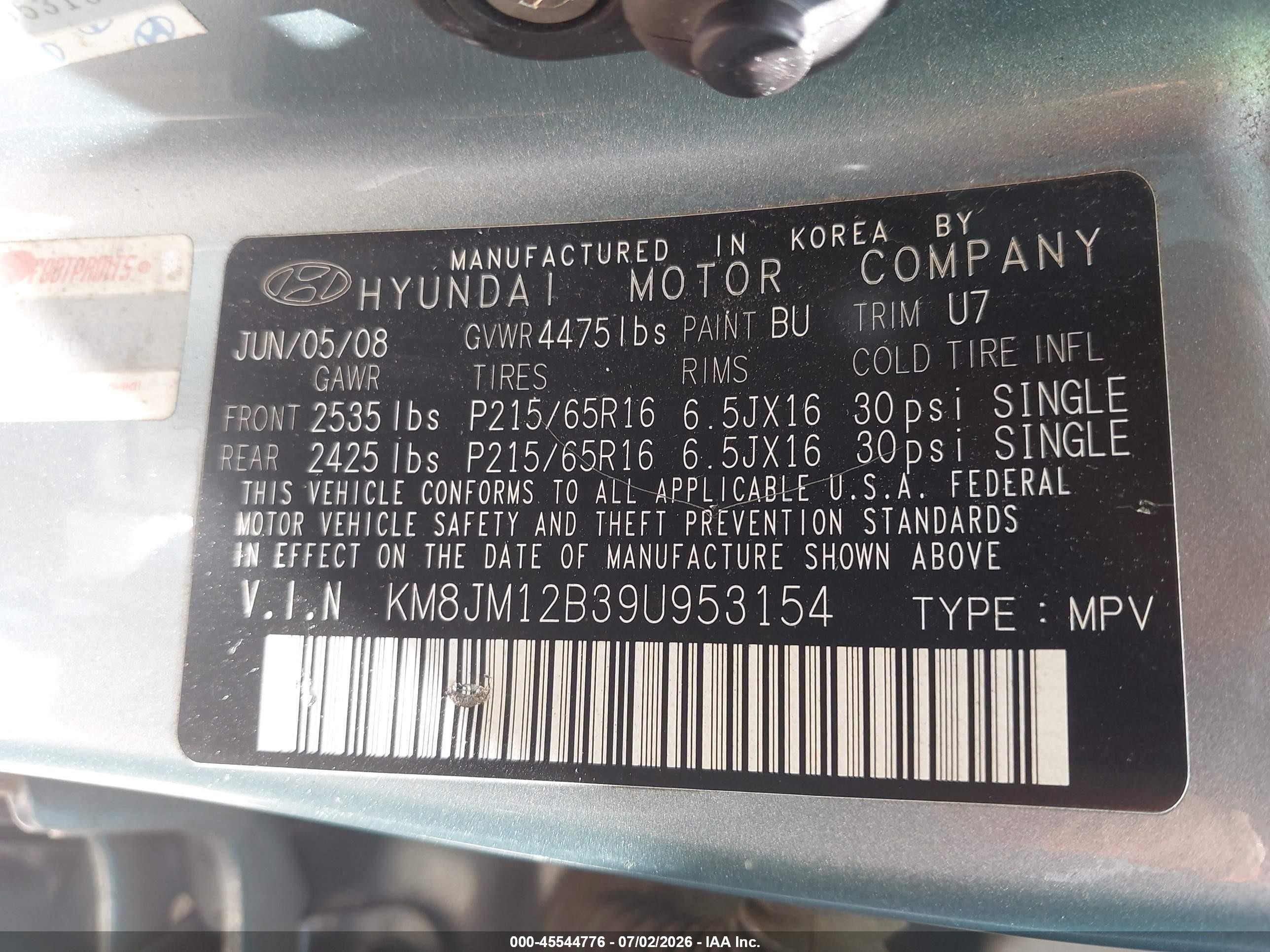 2009 Hyundai Tucson Gls Light Blue vin: KM8JM12B39U953154