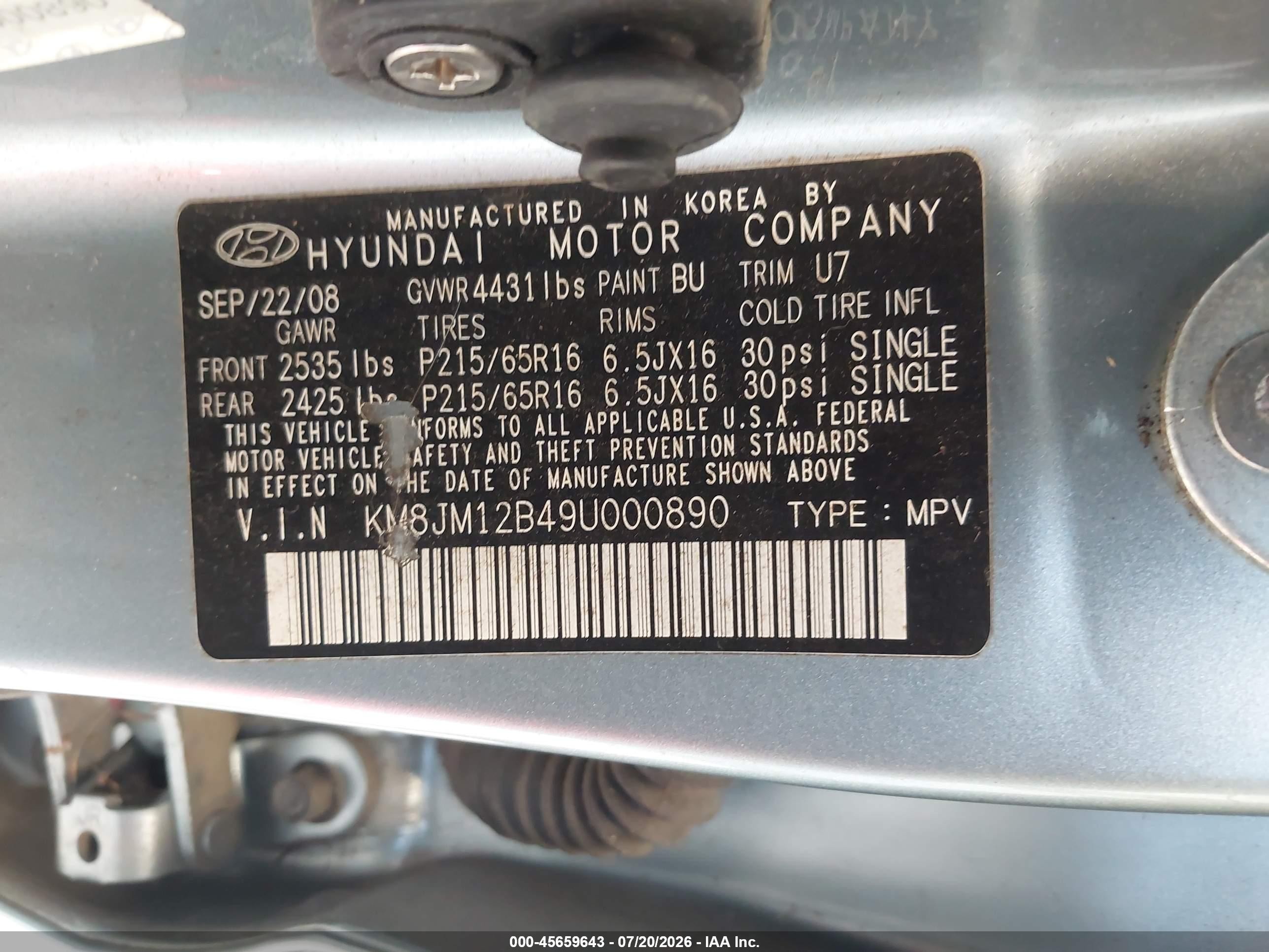 2009 Hyundai Tucson Gls Light Blue vin: KM8JM12B49U000890