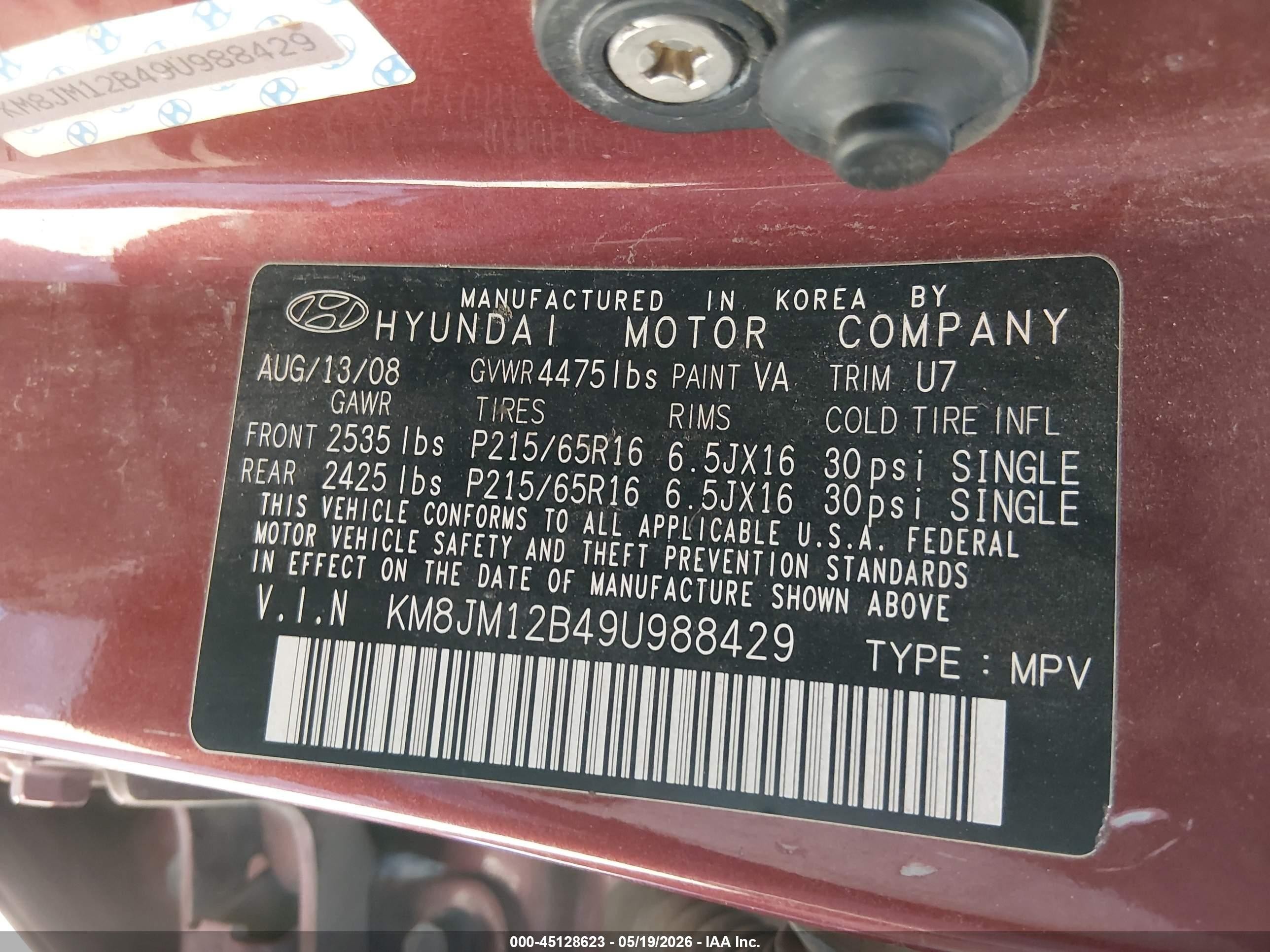 2009 Hyundai Tucson Gls Red vin: KM8JM12B49U988429