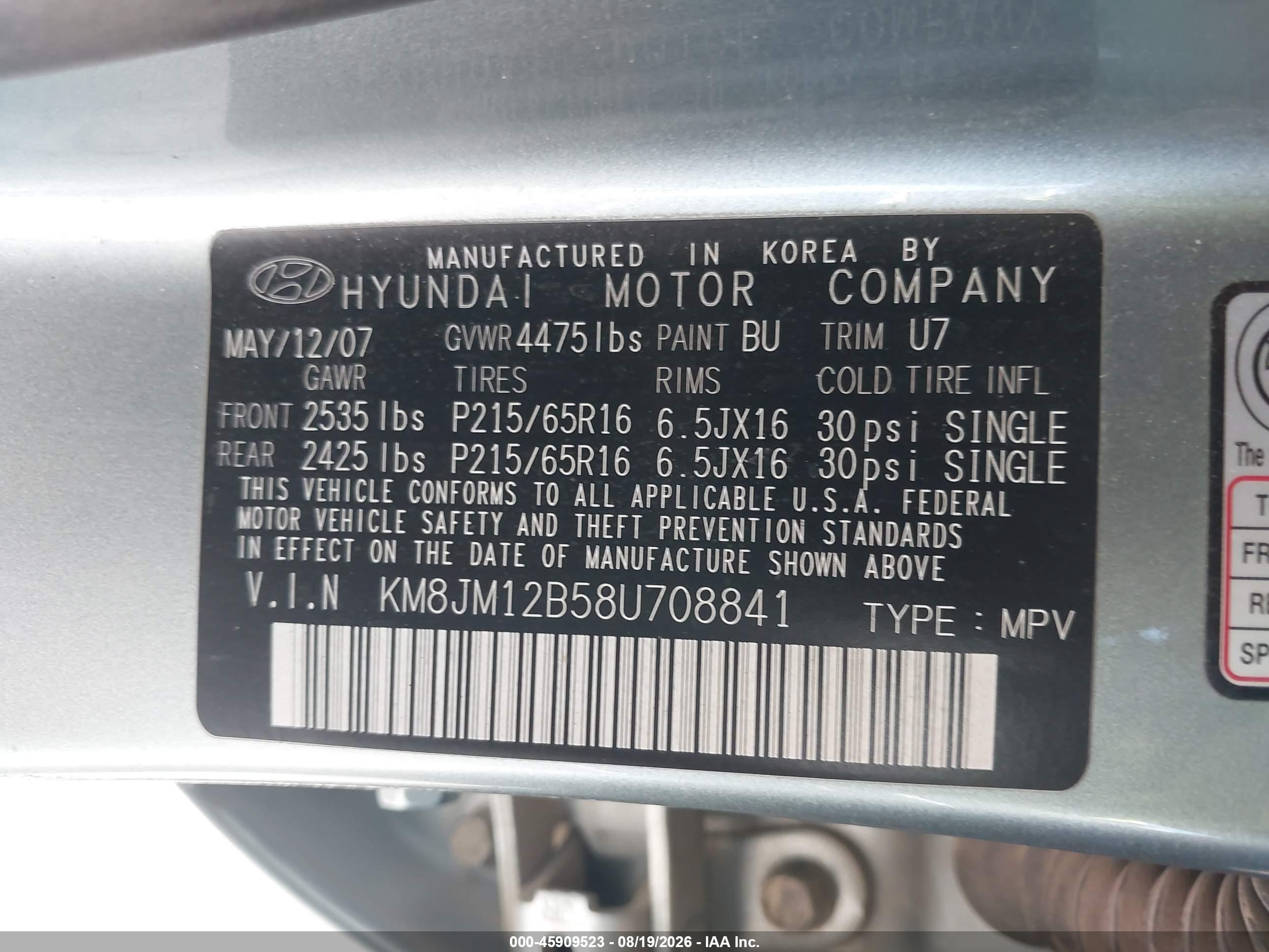 2008 Hyundai Tucson Gls Teal vin: KM8JM12B58U708841