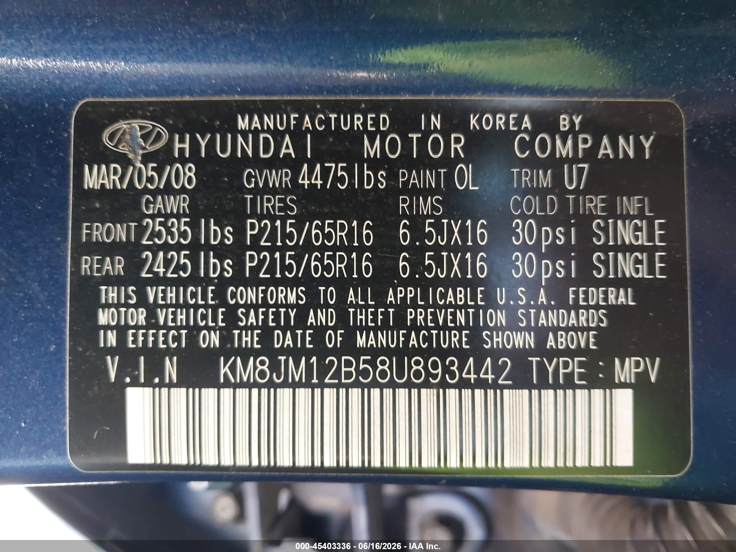 2008 Hyundai Tucson Gls Синий vin: KM8JM12B58U893442