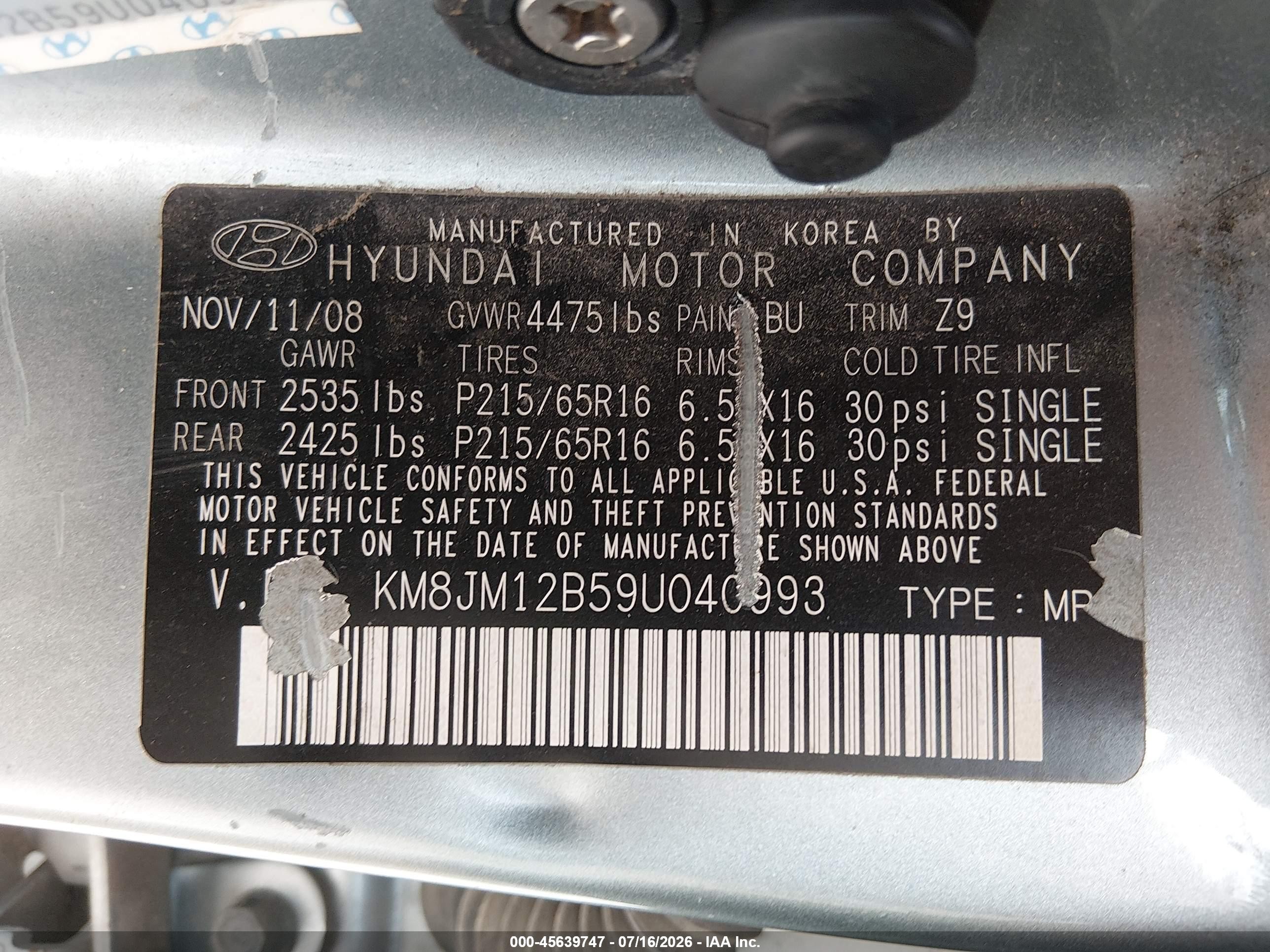 2009 Hyundai Tucson Gls Blue vin: KM8JM12B59U040993