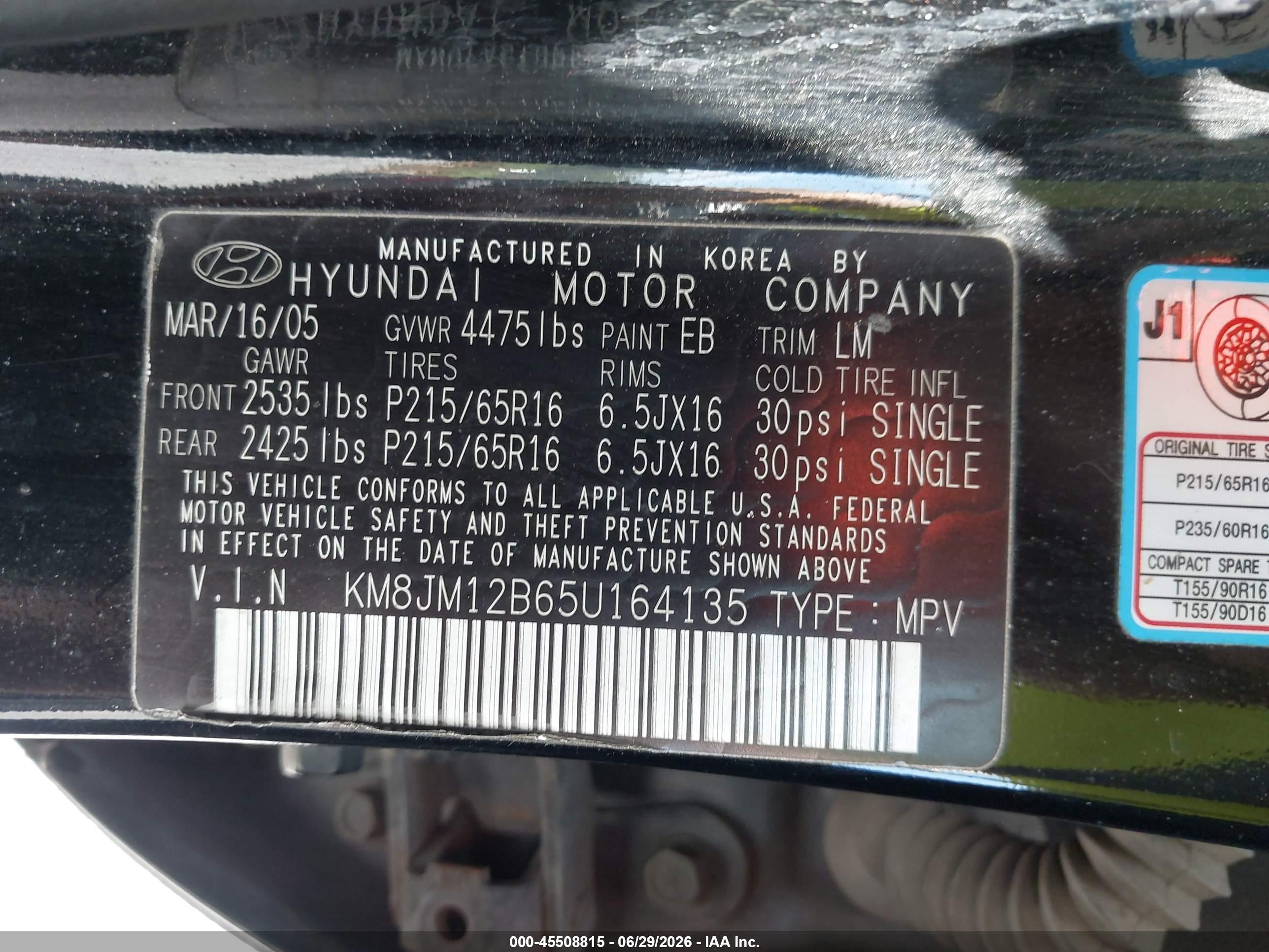 2005 Hyundai Tucson Gl Black vin: KM8JM12B65U164135