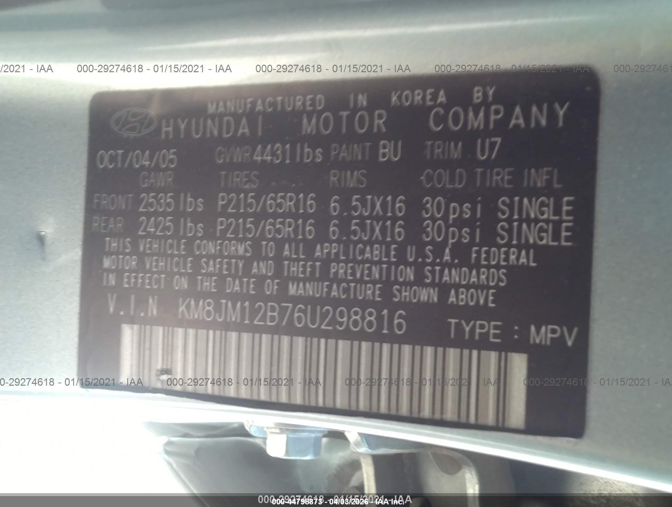 2006 Hyundai Tucson Gl Gray vin: KM8JM12B76U298816