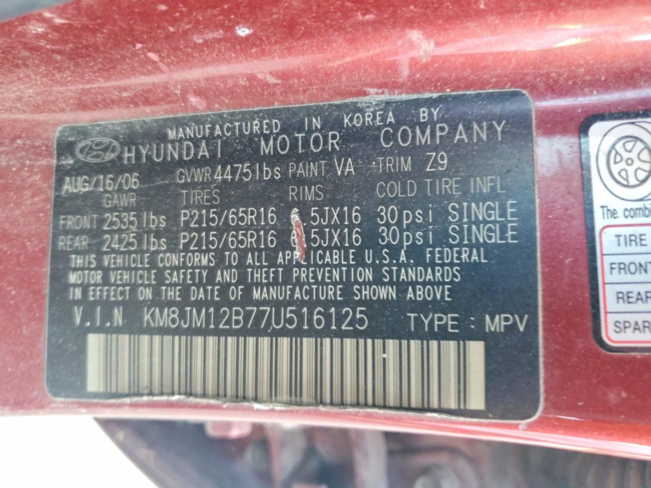 2007 Hyundai Tucson Gls Red vin: KM8JM12B77U516125
