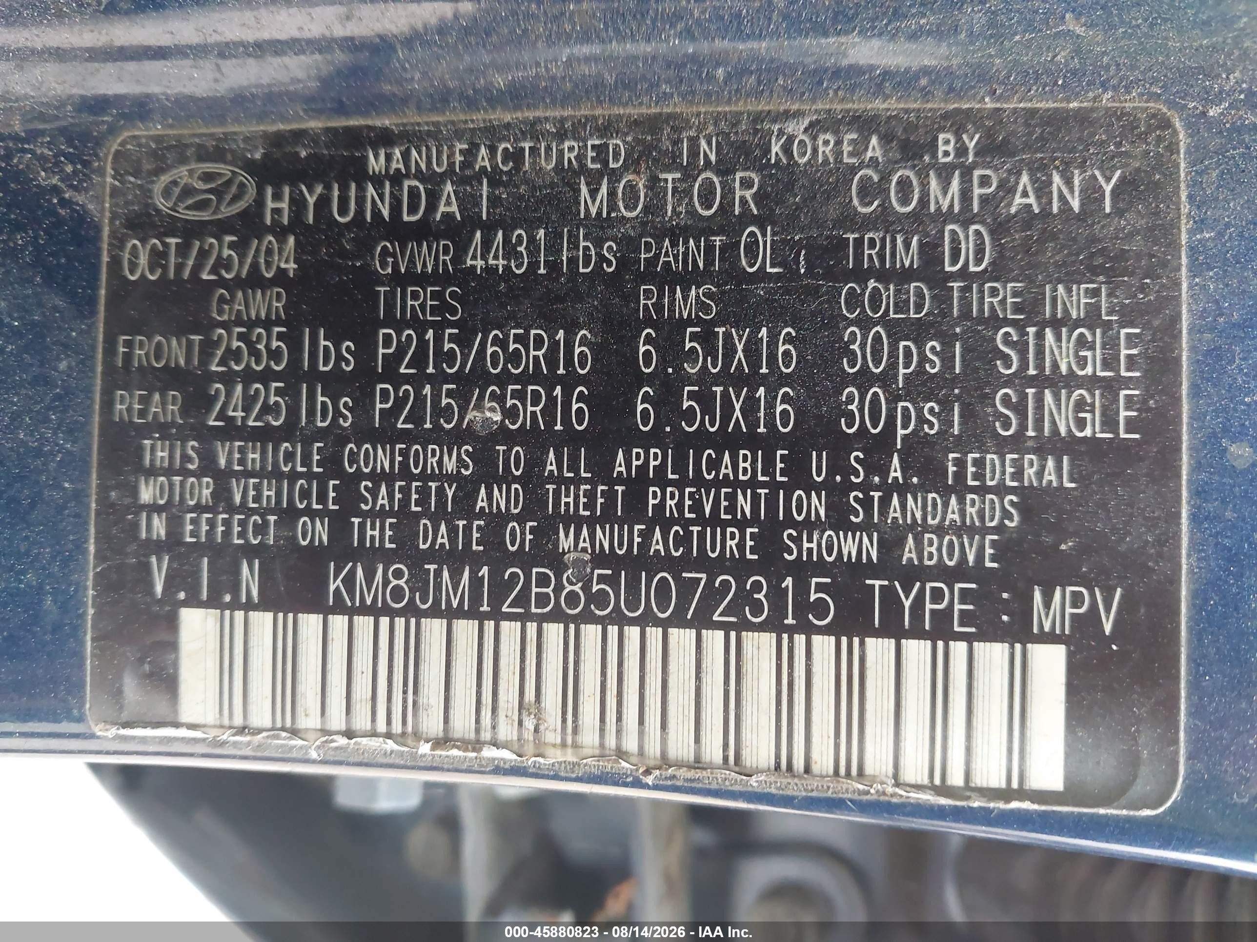 2005 Hyundai Tucson Gl Blue vin: KM8JM12B85U072315