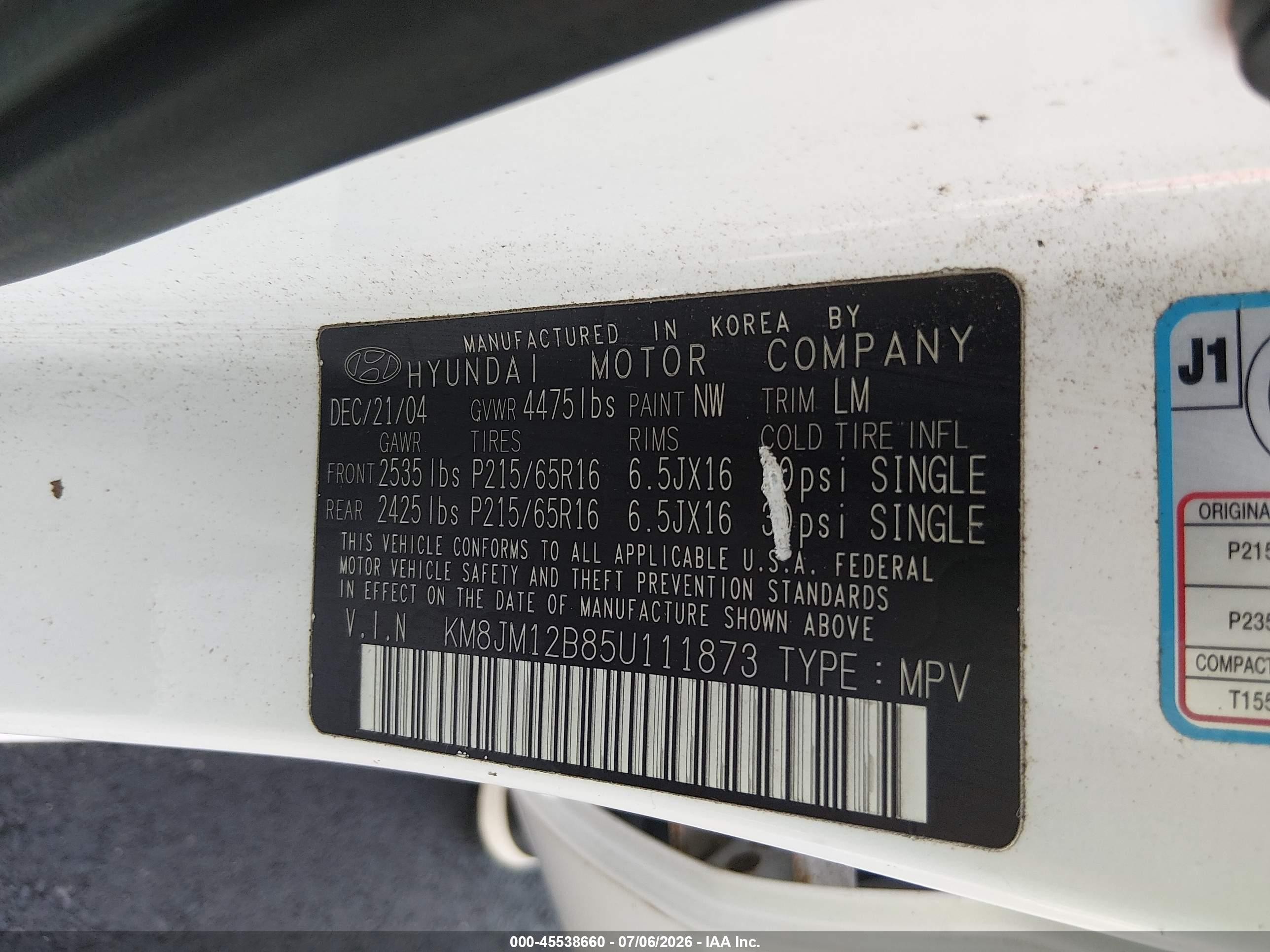 2005 Hyundai Tucson Gl White vin: KM8JM12B85U111873