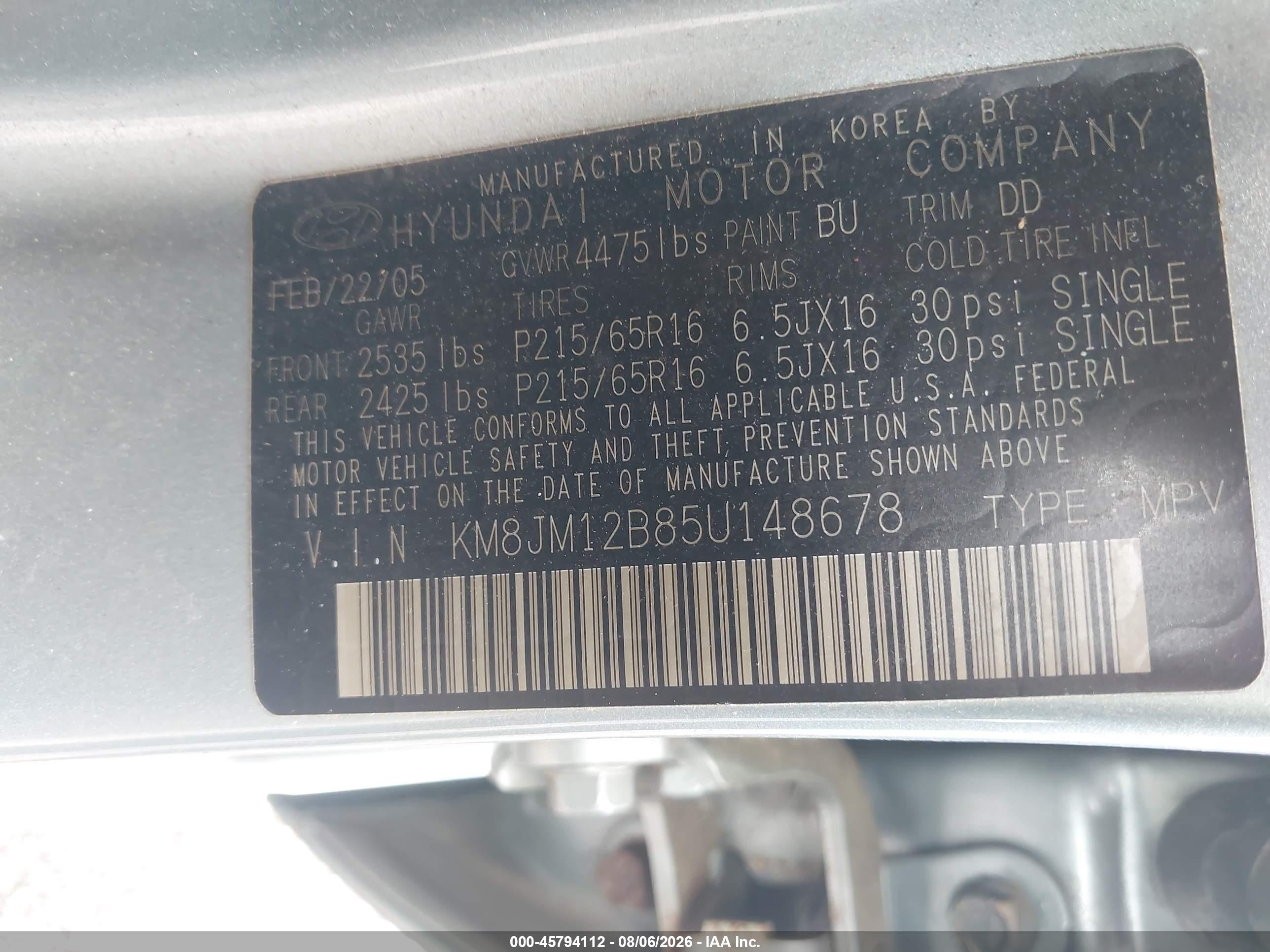 2005 Hyundai Tucson Gl Blue vin: KM8JM12B85U148678