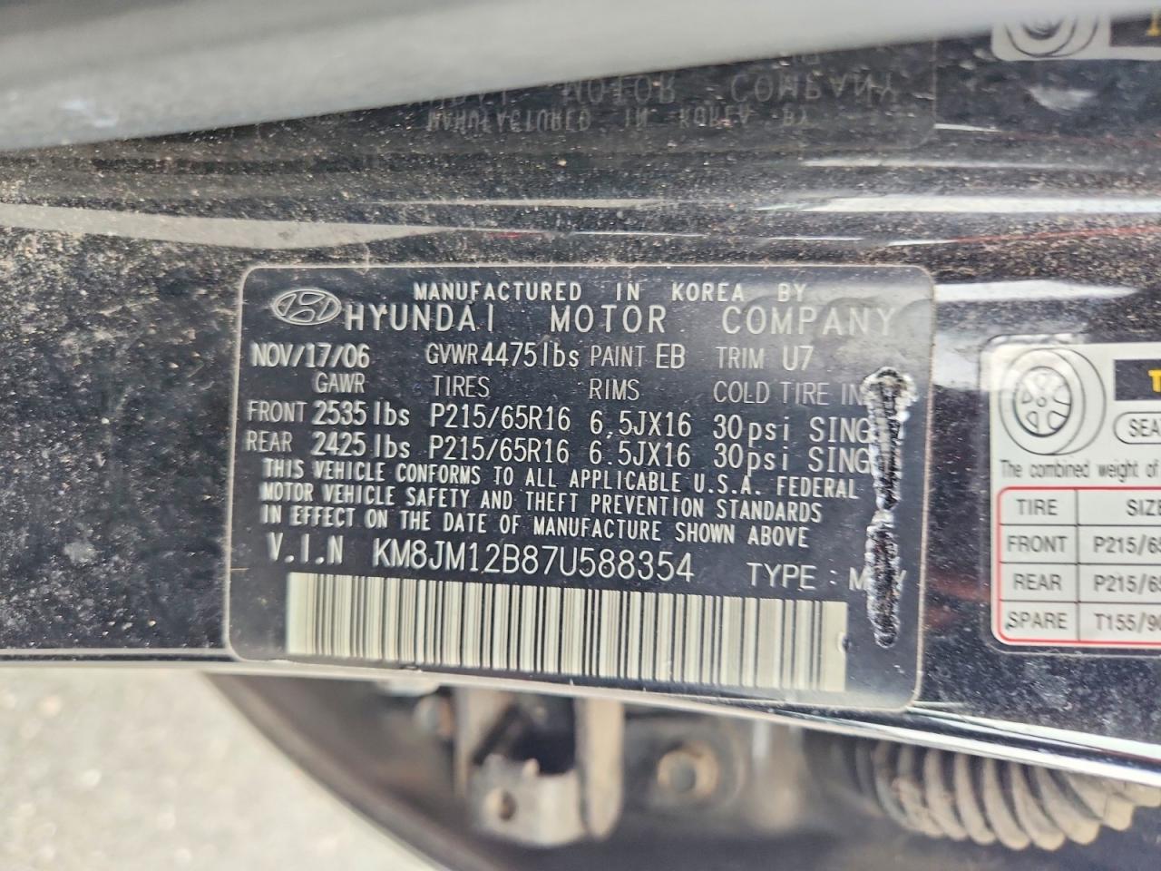 2007 Hyundai Tucson Gls Black vin: KM8JM12B87U588354