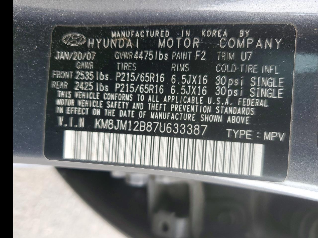 2007 Hyundai Tucson Gls Gray vin: KM8JM12B87U633387