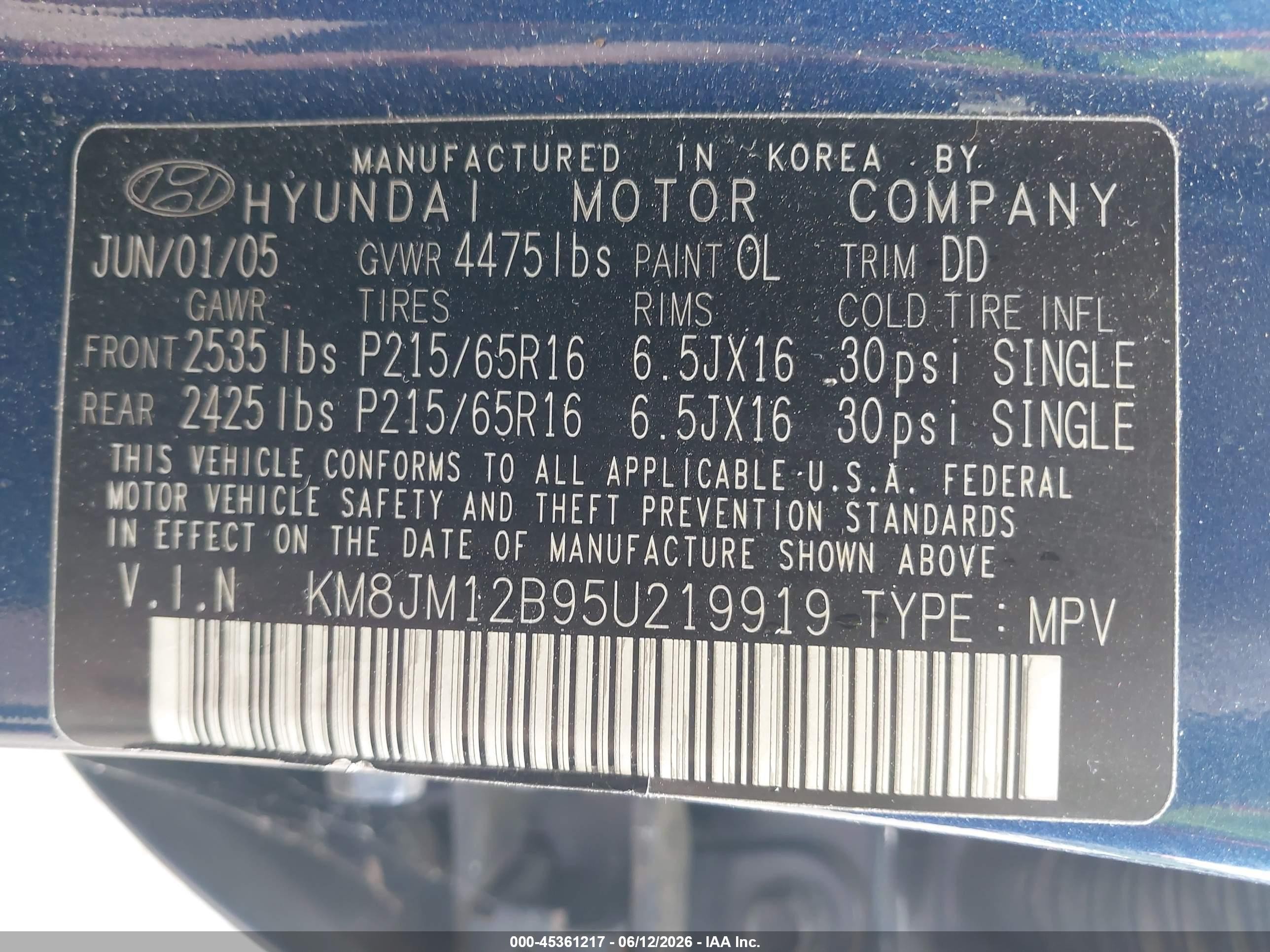 2005 Hyundai Tucson Gl Blue vin: KM8JM12B95U219919