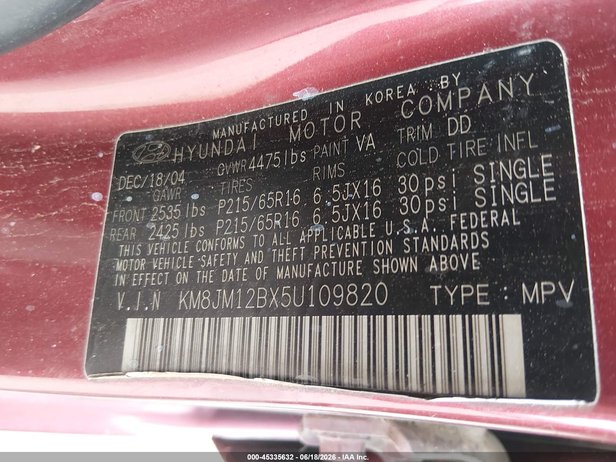 2005 Hyundai Tucson Gl Burgundy vin: KM8JM12BX5U109820