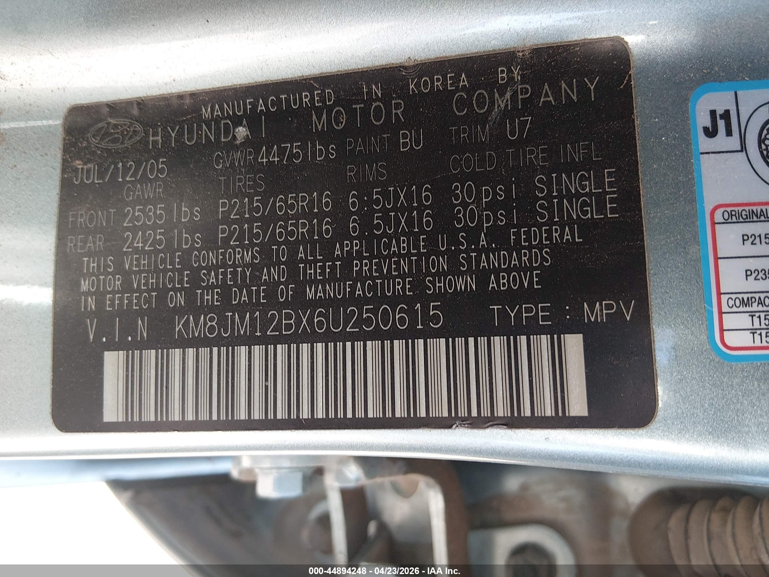 2006 Hyundai Tucson Gl Gray vin: KM8JM12BX6U250615