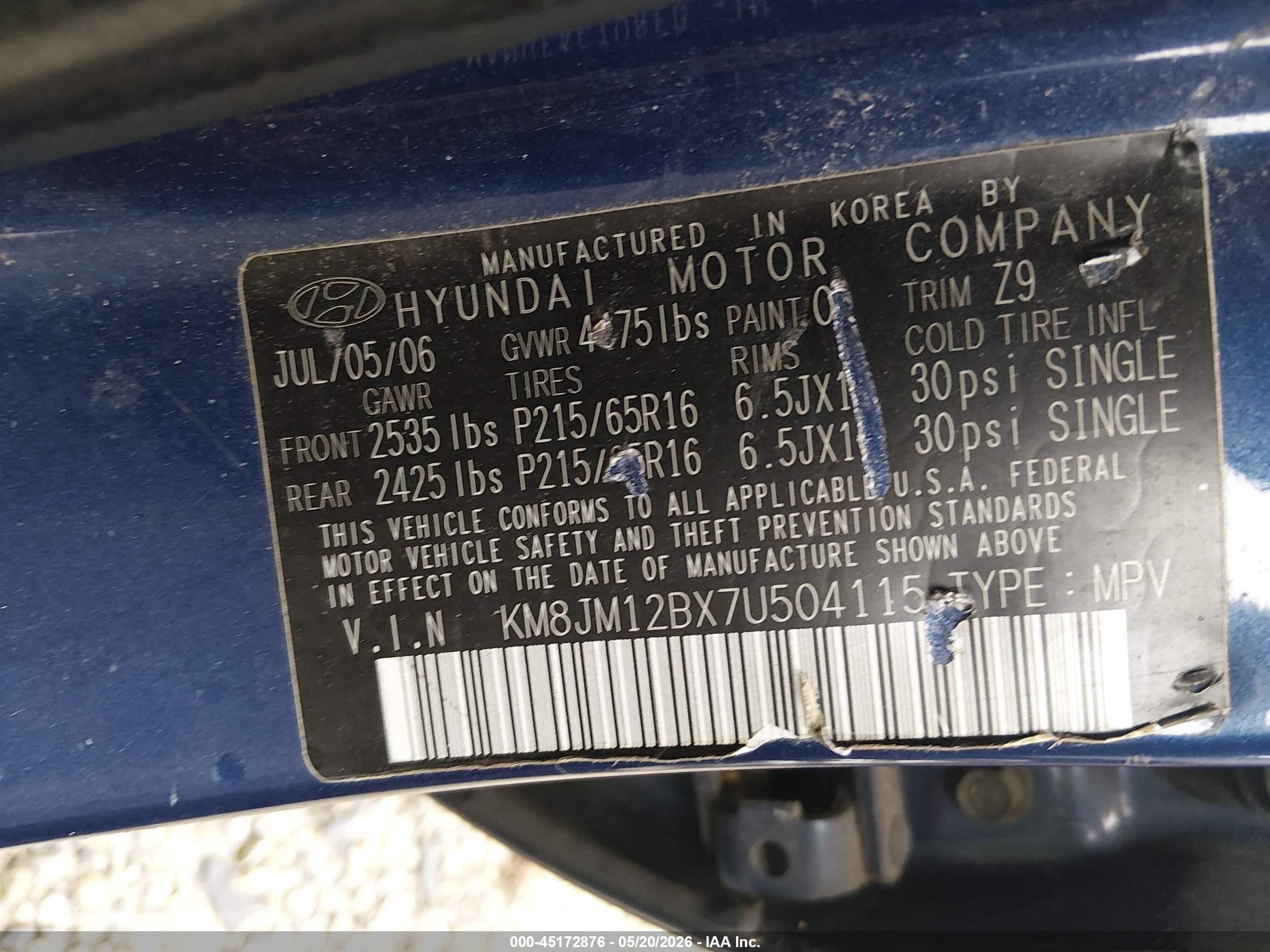 2007 Hyundai Tucson Gls Blue vin: KM8JM12BX7U504115