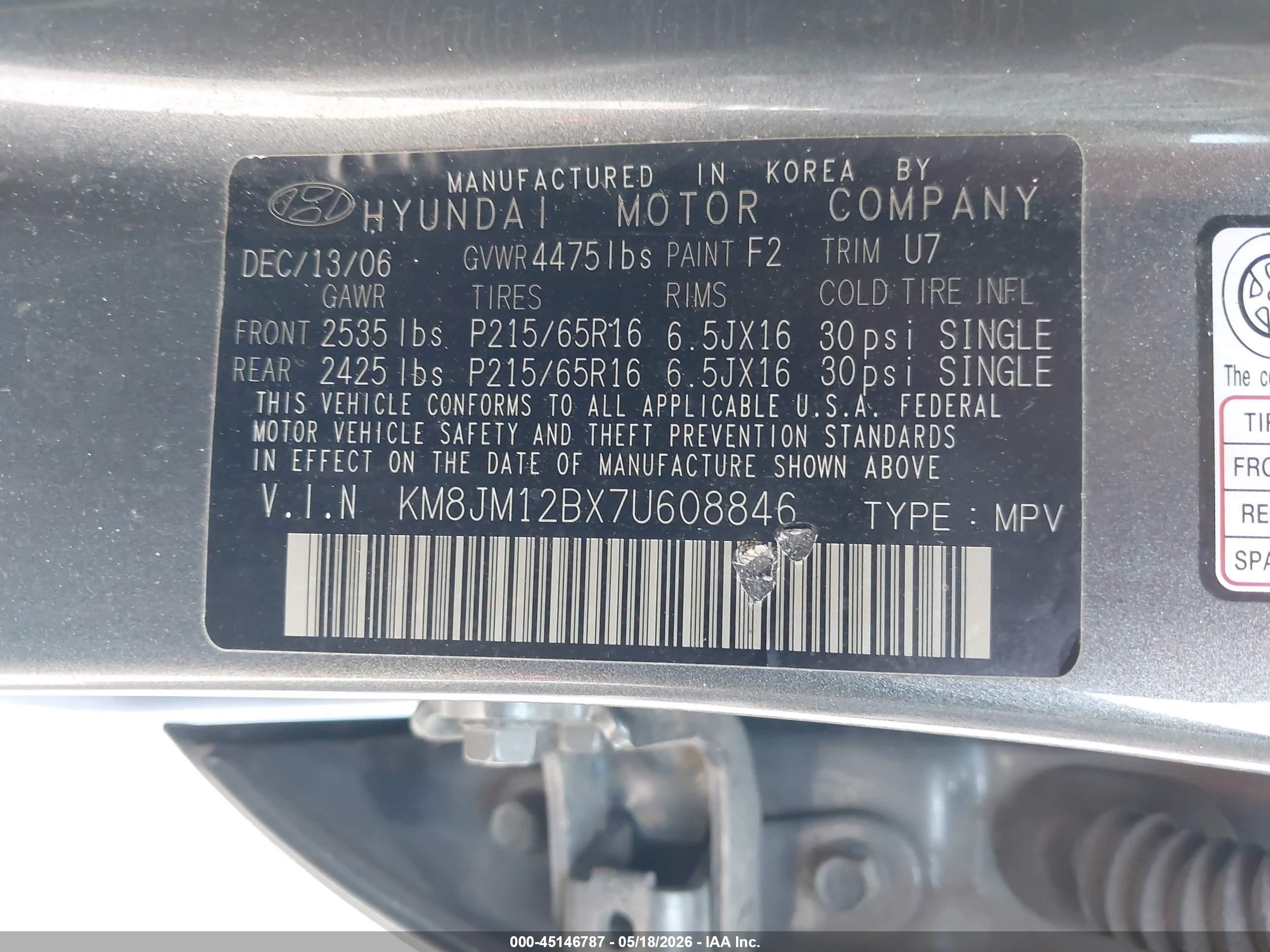 2007 Hyundai Tucson Gls Gray vin: KM8JM12BX7U608846