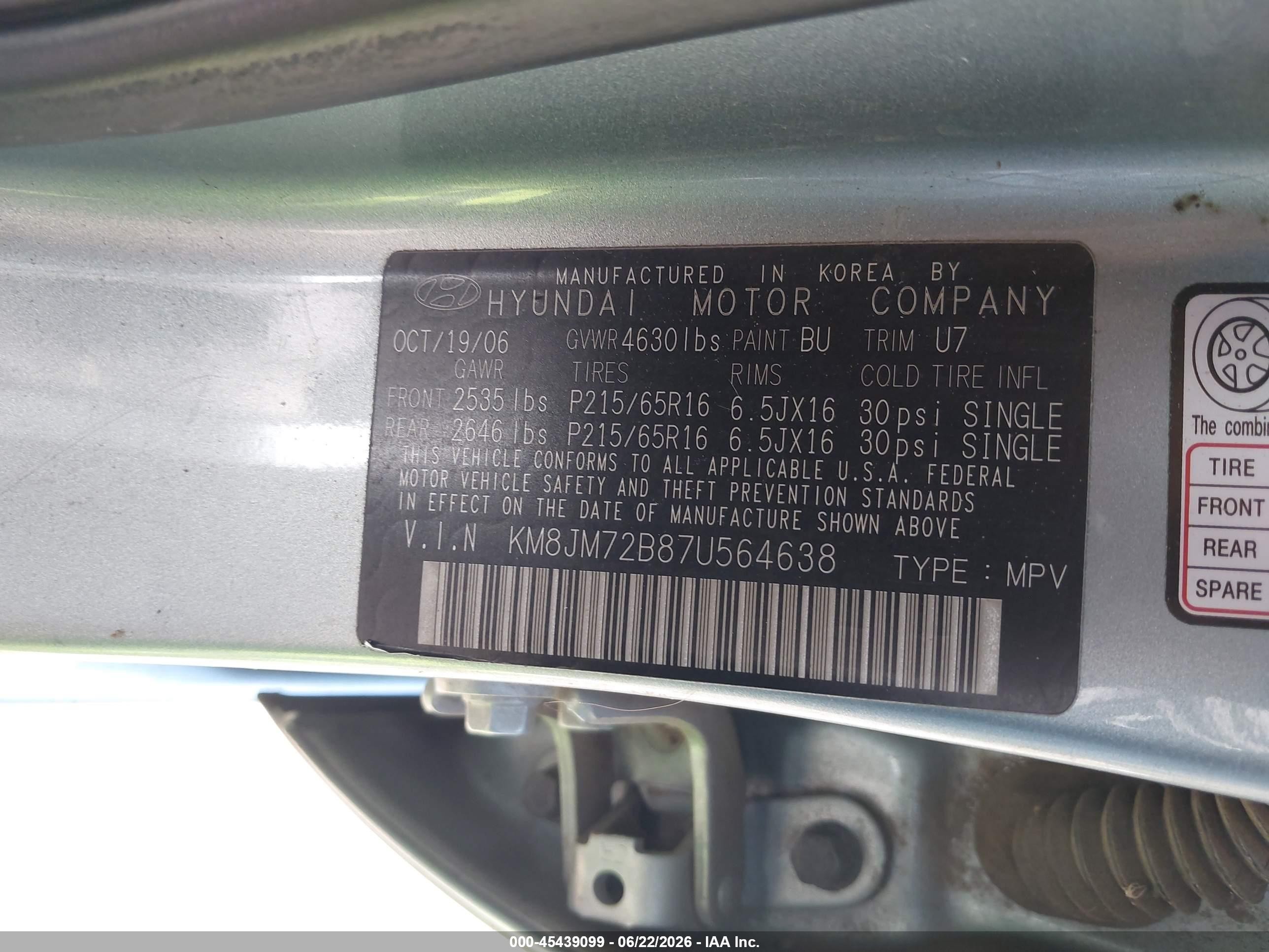 2007 Hyundai Tucson Gls Teal vin: KM8JM72B87U564638