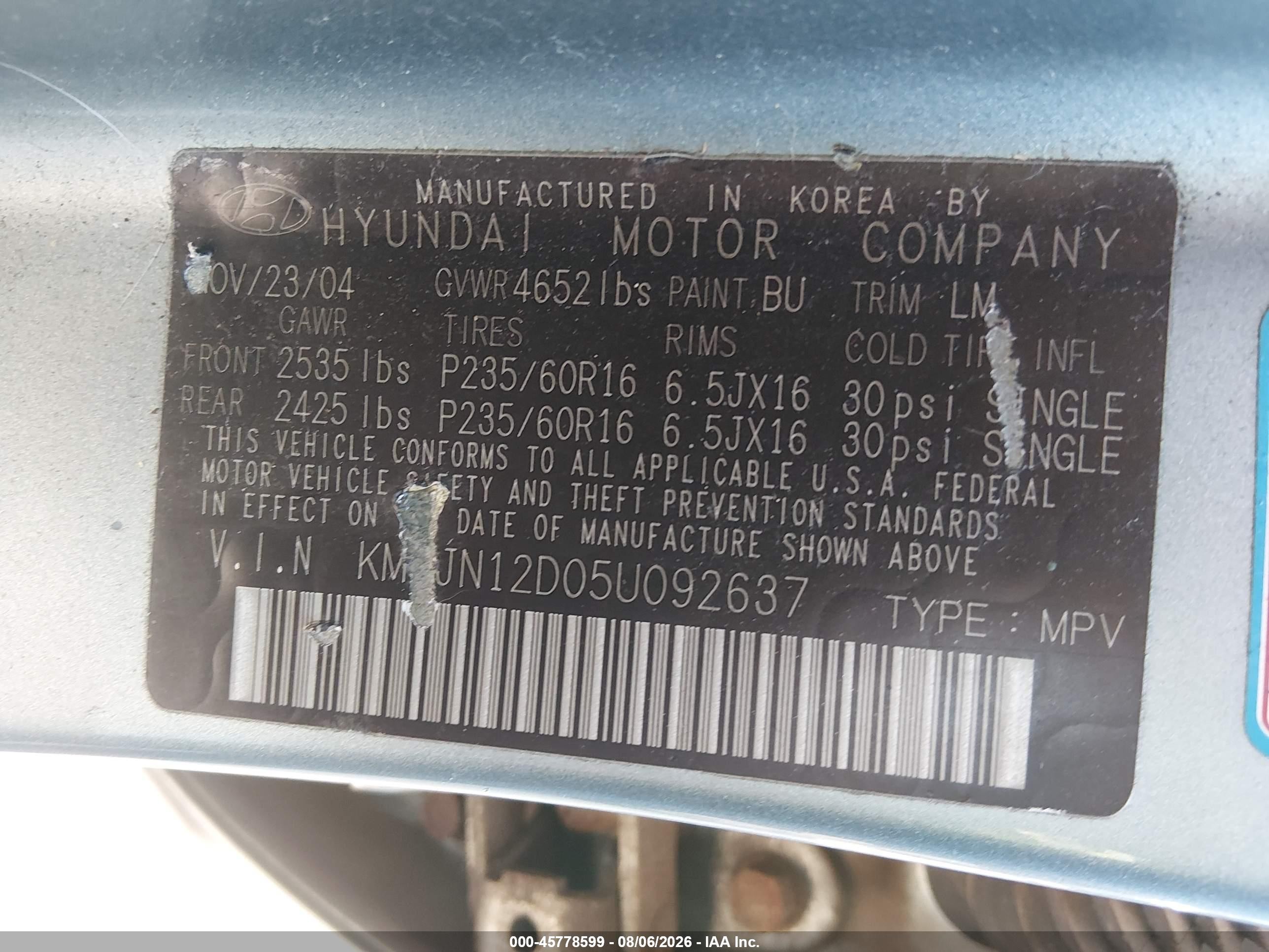 2005 Hyundai Tucson Gls/lx Teal vin: KM8JN12D05U092637