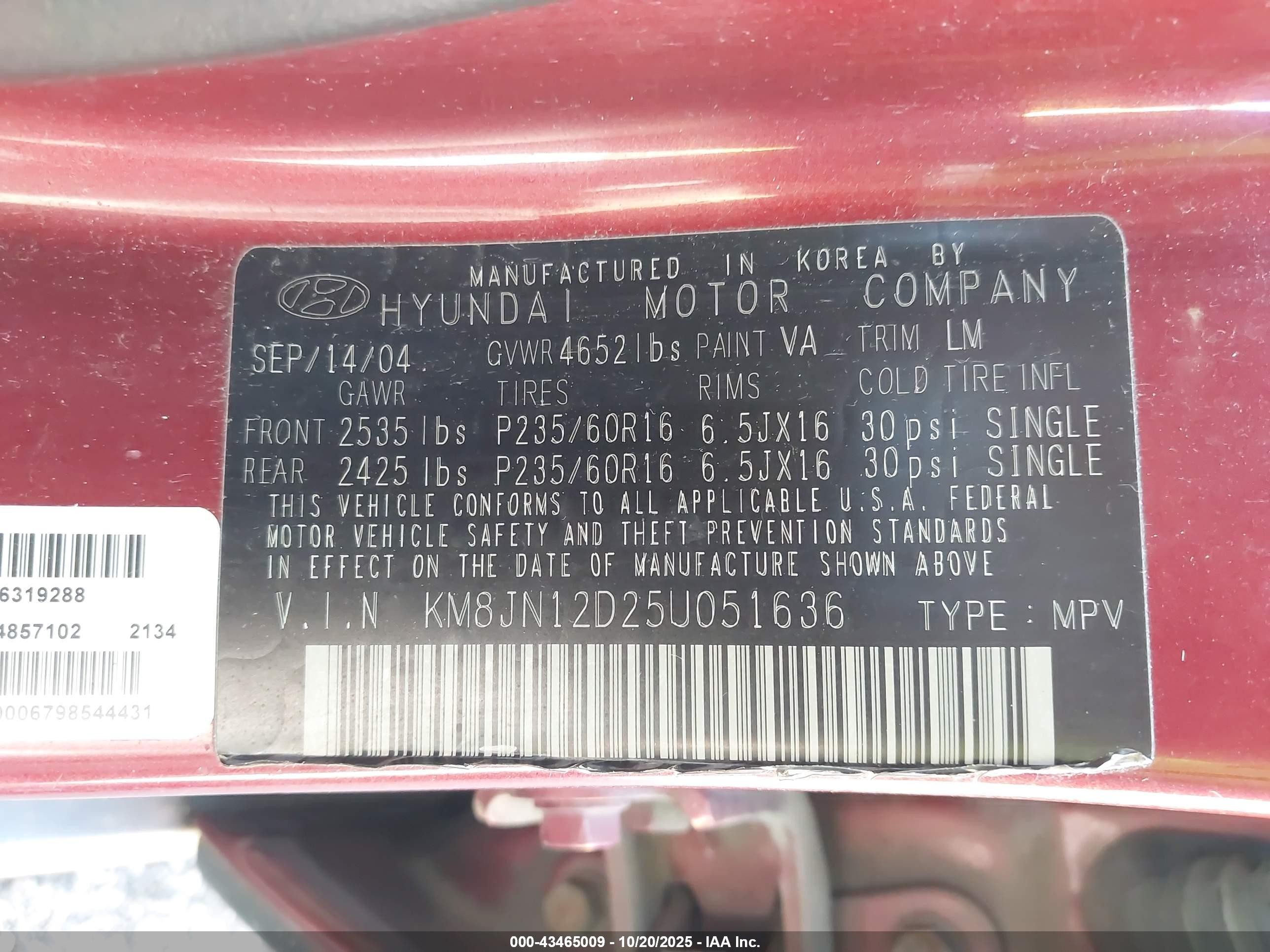 2005 Hyundai Tucson Gls/lx Red vin: KM8JN12D25U051636