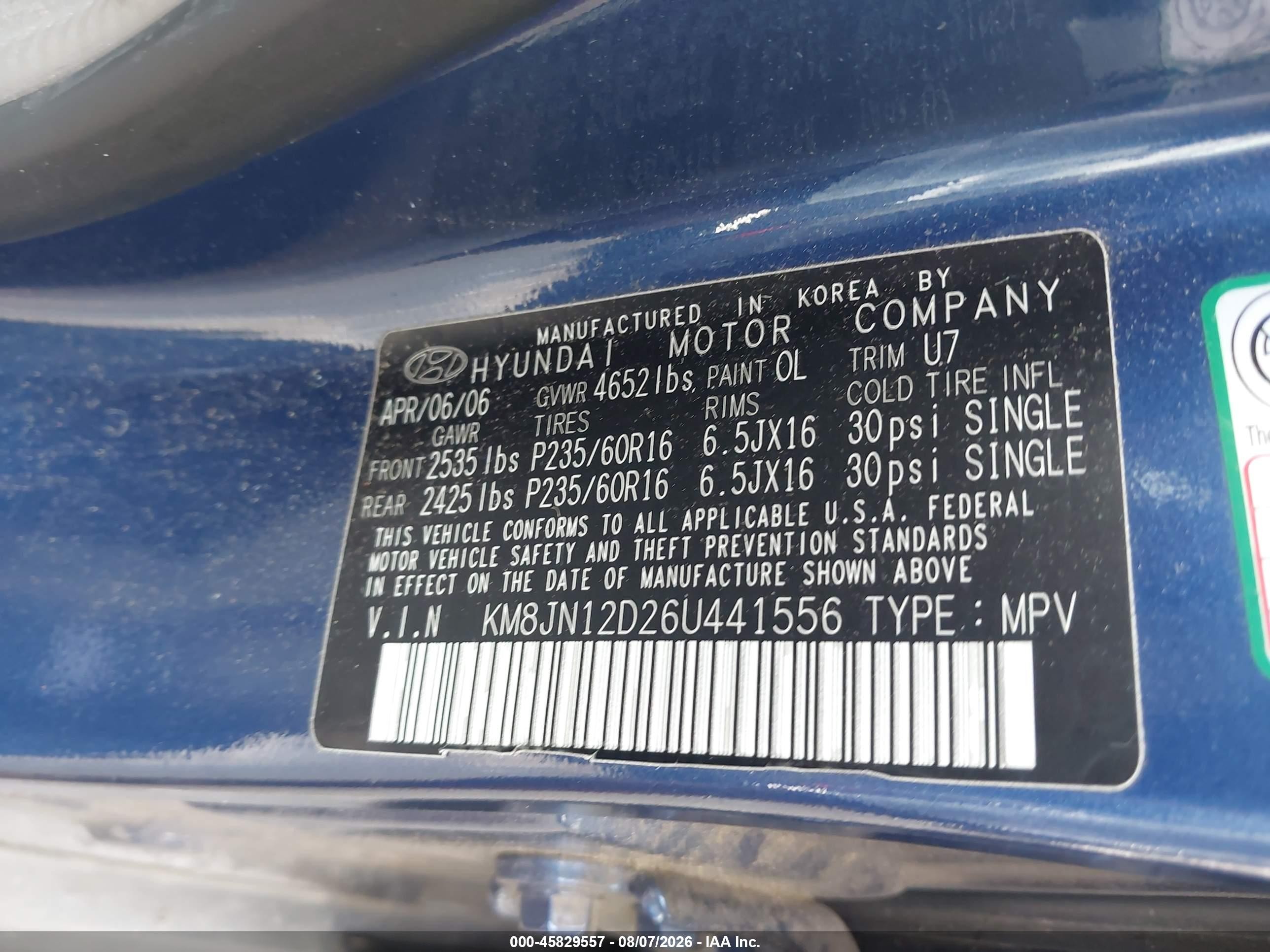 2006 Hyundai Tucson Gls/limited Blue vin: KM8JN12D26U441556