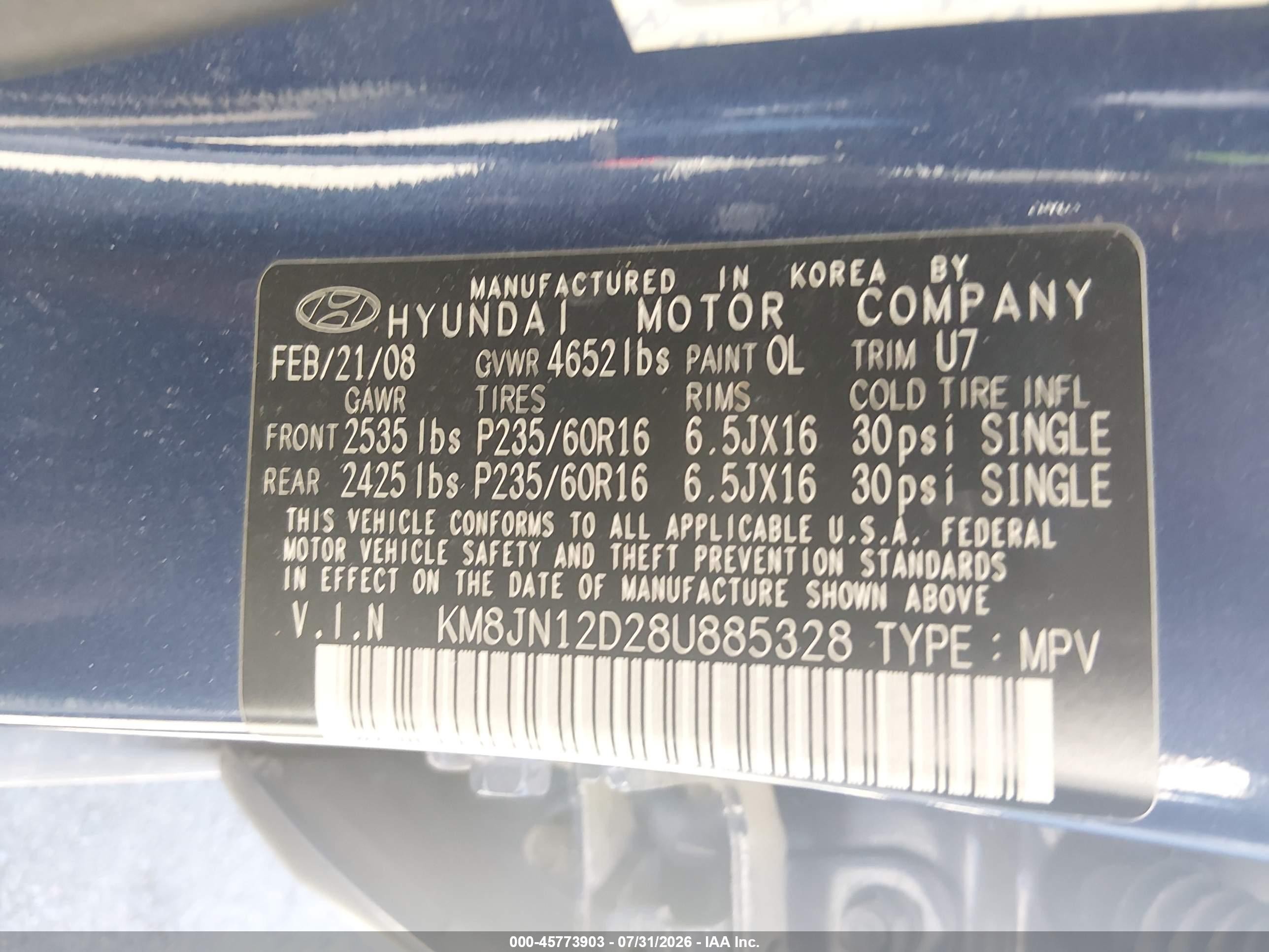 2008 Hyundai Tucson Limited V6/se Синий vin: KM8JN12D28U885328