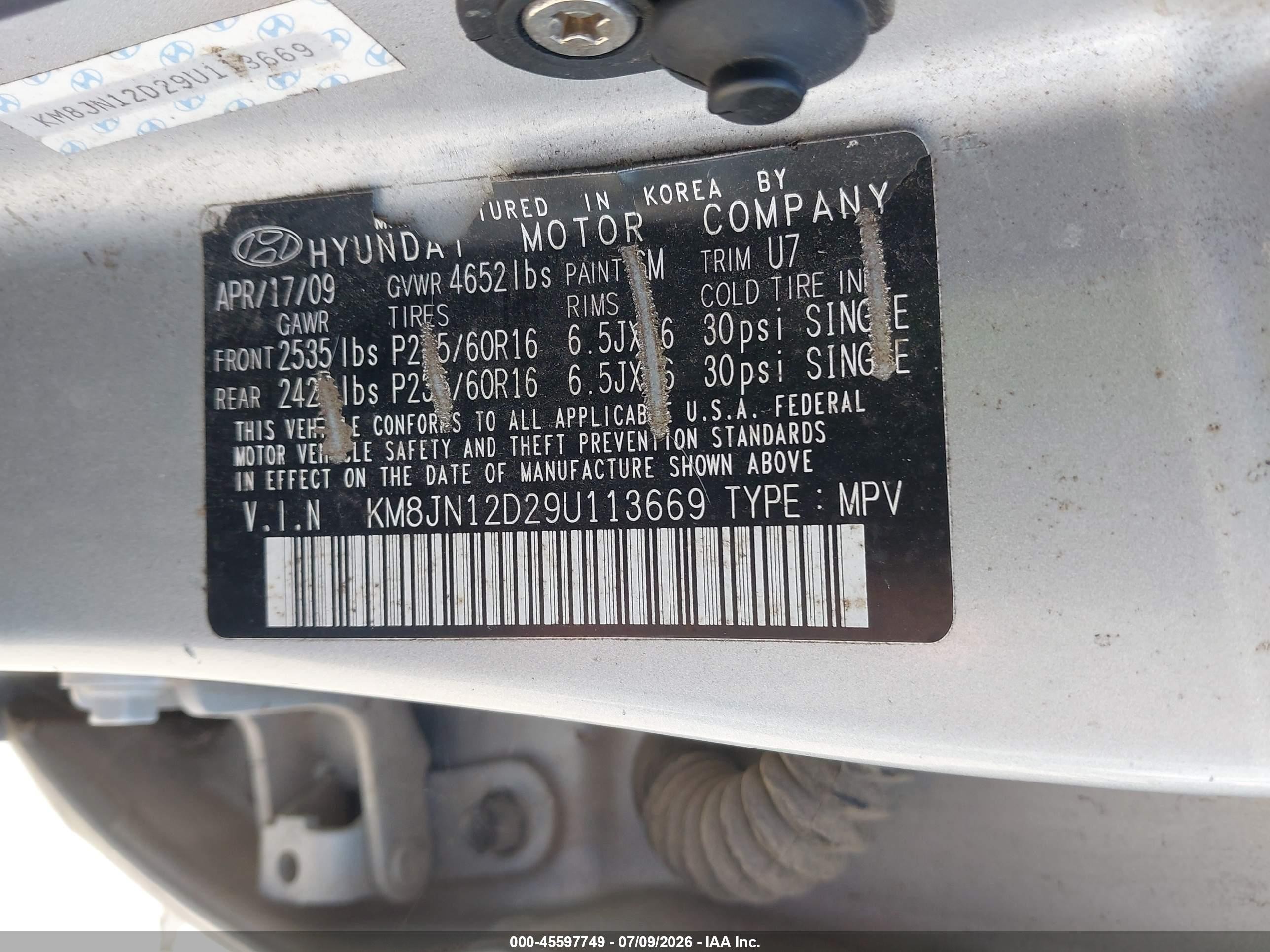 2009 Hyundai Tucson Se Silver vin: KM8JN12D29U113669