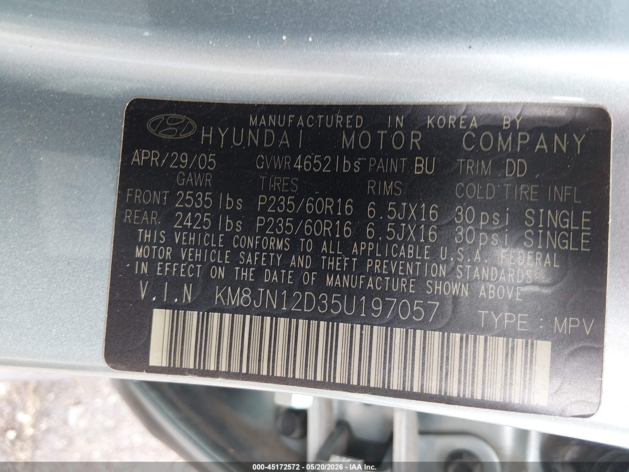 2005 Hyundai Tucson Gls/lx Light Blue vin: KM8JN12D35U197057