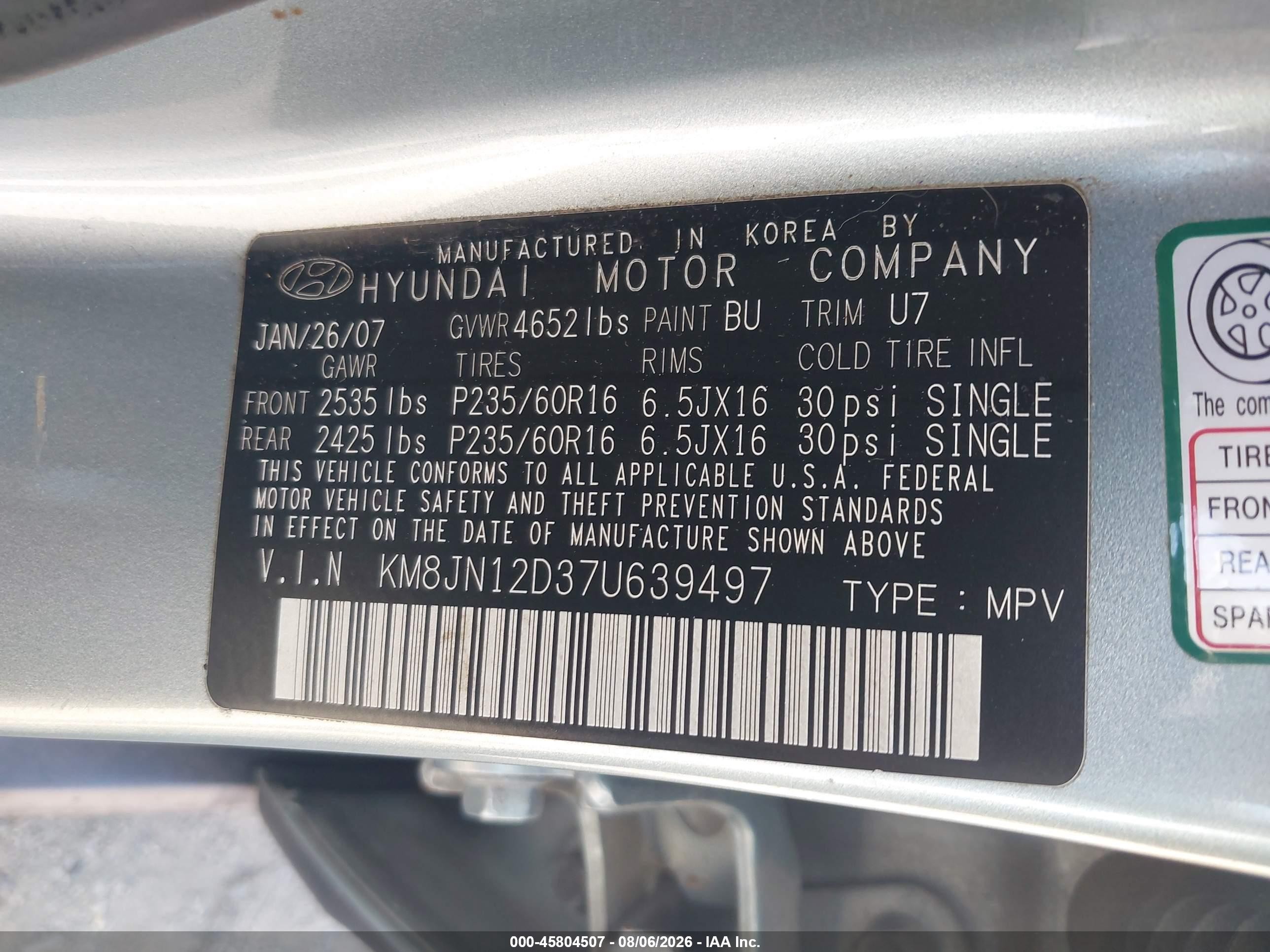 2007 Hyundai Tucson Limited/se Light Blue vin: KM8JN12D37U639497